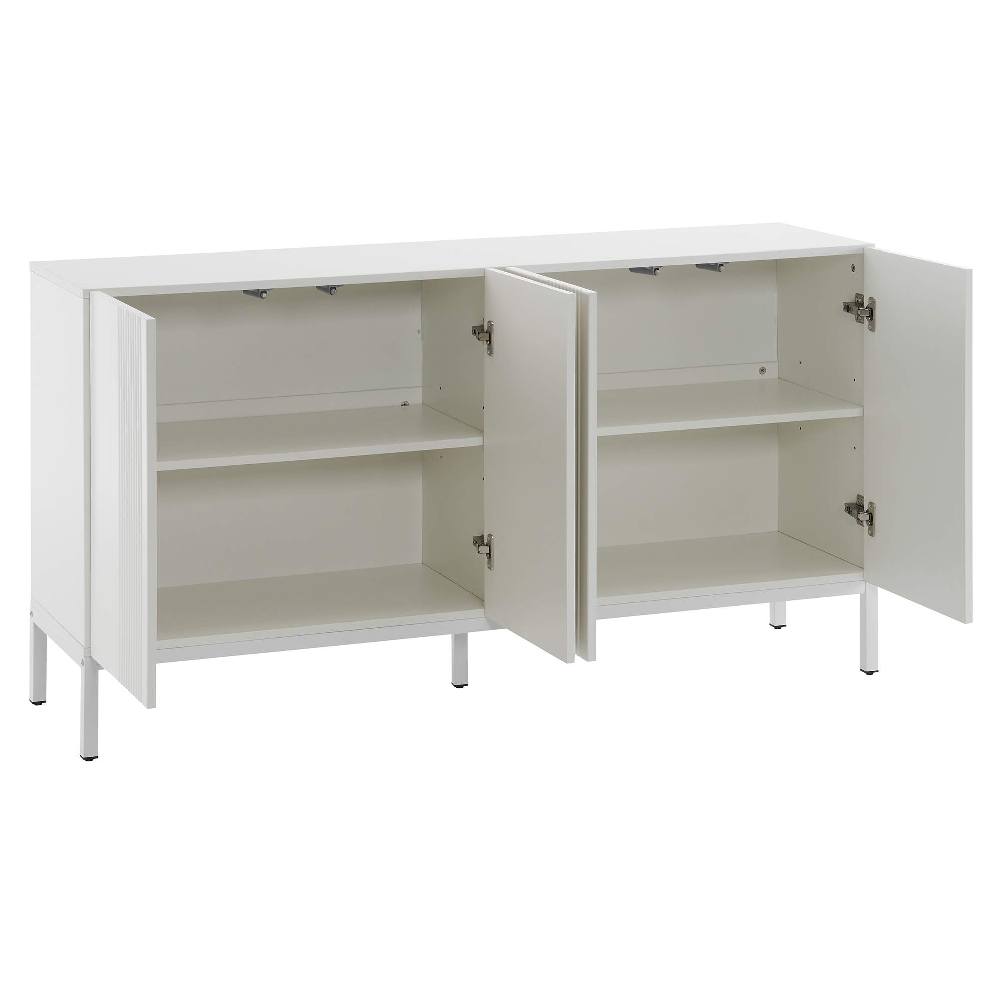 Ein weißer Schrank mit zwei offenen Türen, die Regale zeigen. Der Schrank hat ein modernes Design.