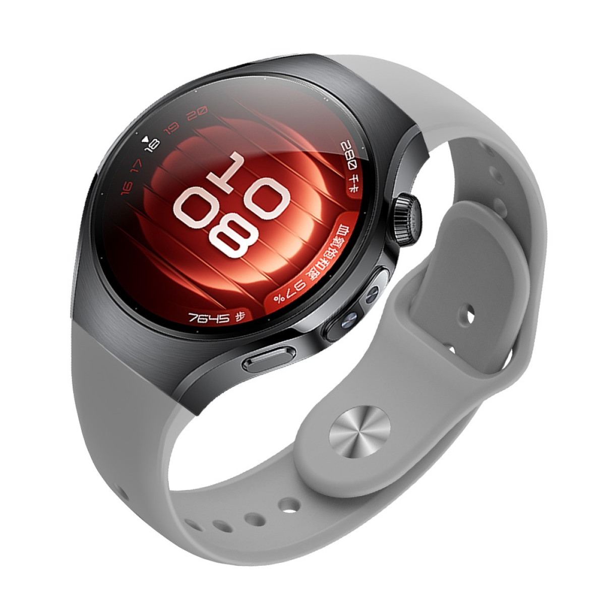 Smartwatch mit grauem Armband. Das Display zeigt die Uhrzeit. Die Uhr ist schwarz und grau.