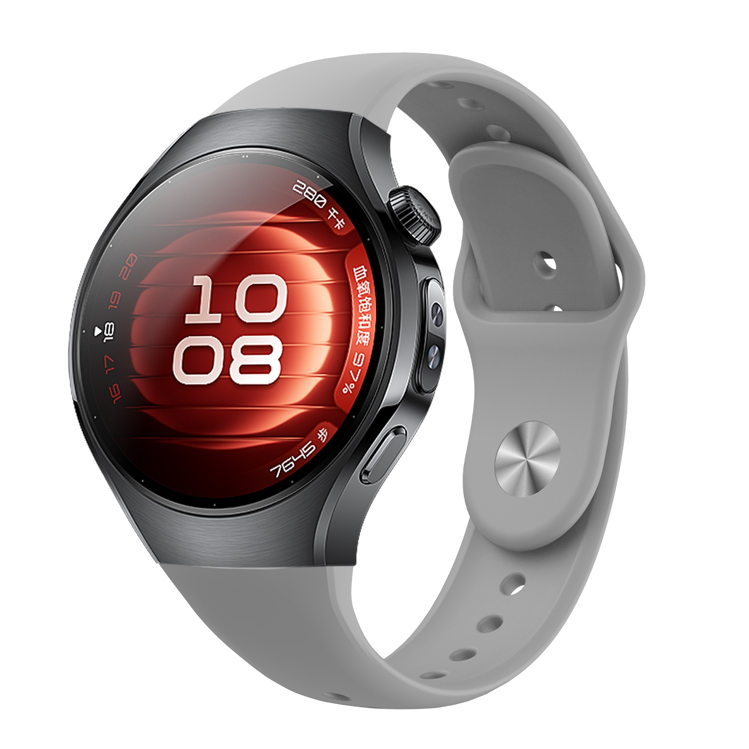 Eine graue Smartwatch mit schwarzer Lünette, die die Uhrzeit und verschiedene Gesundheitsmetriken anzeigt. Das Armband ist grau.