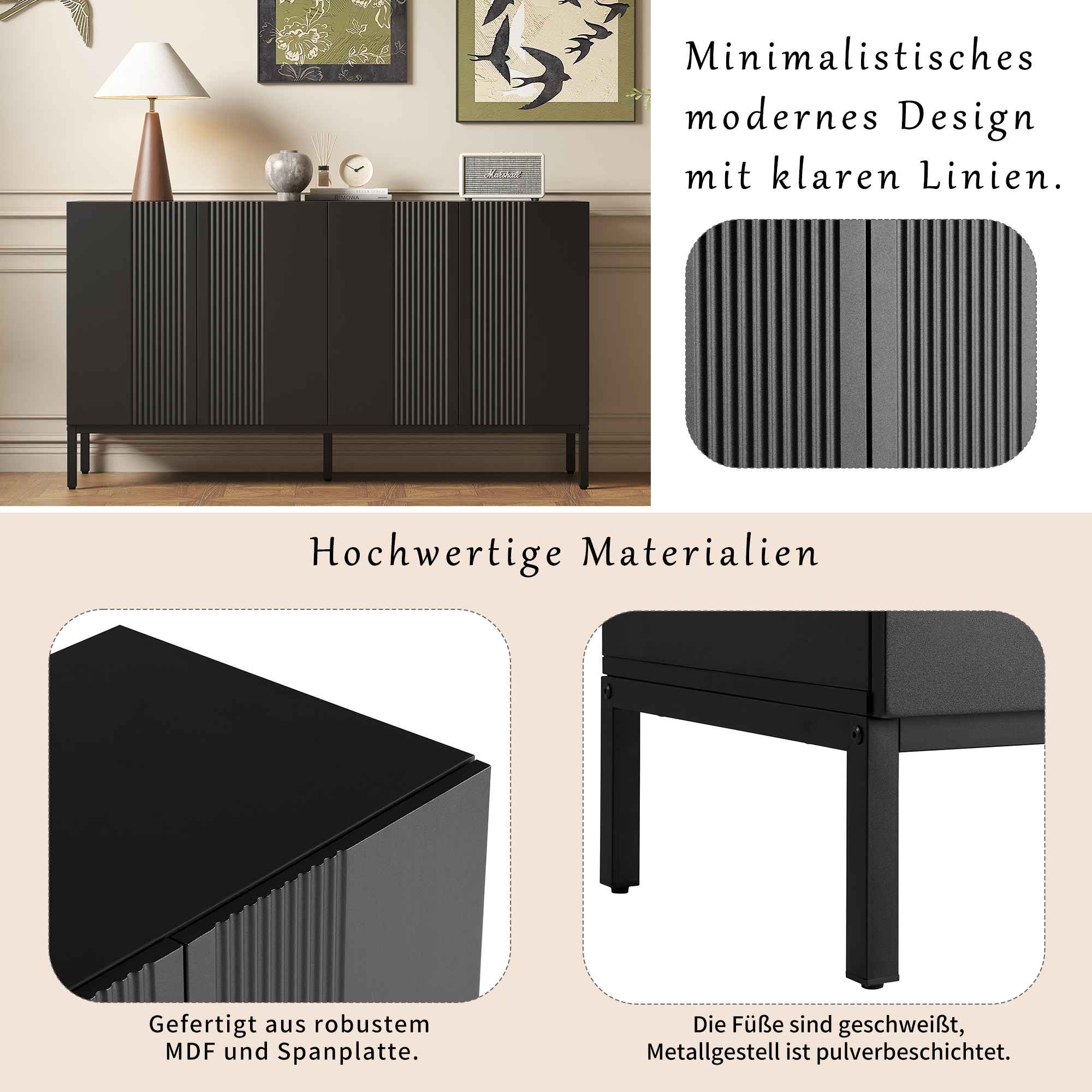Ein schwarzer Schrank mit vertikalen Streifendetails. Der Schrank besteht aus MDF und Spanplatte.
