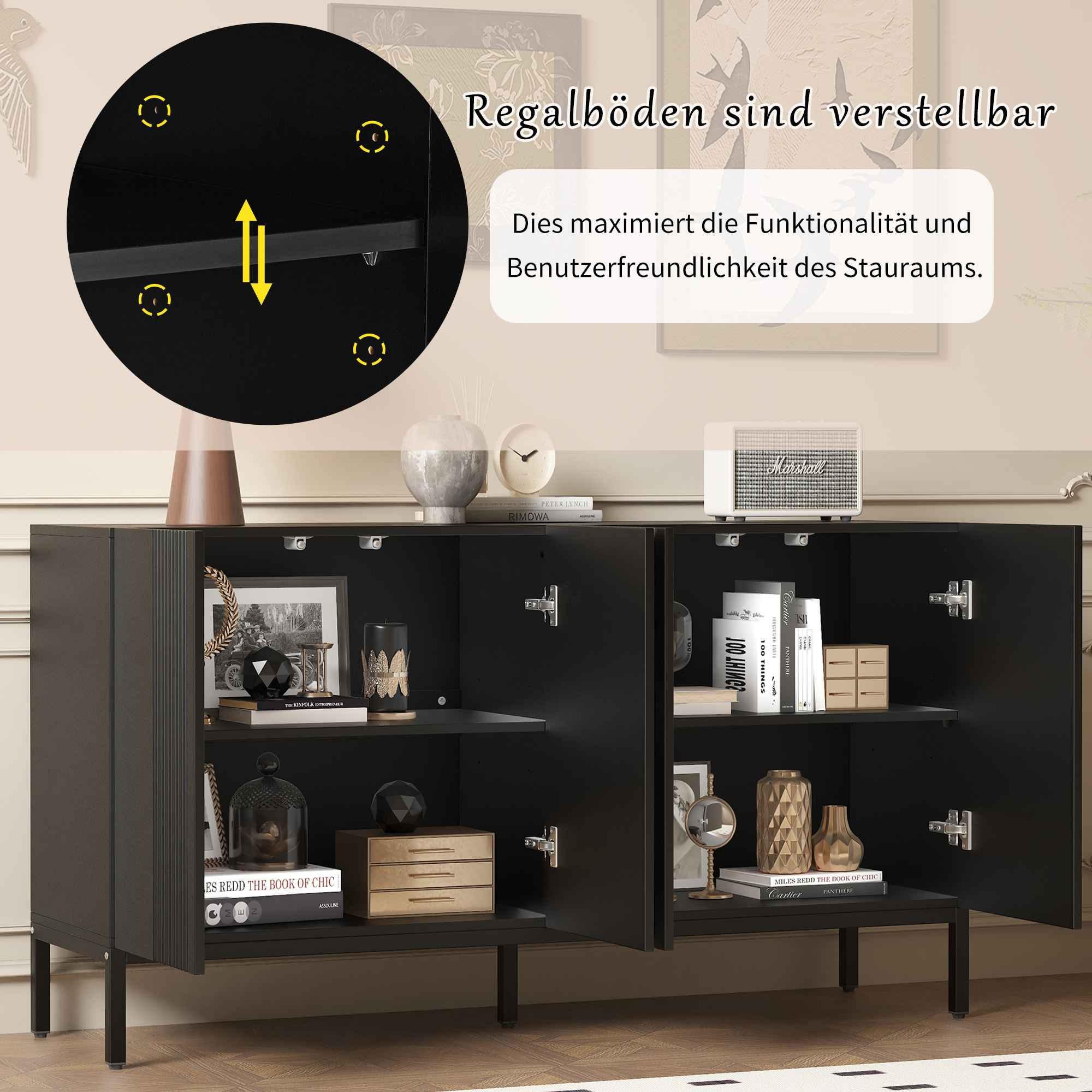 Schwarzer Schrank mit verstellbaren Einlegeböden. Text: 'Regalböden sind verstellbar'. Innen- und Außendetails.