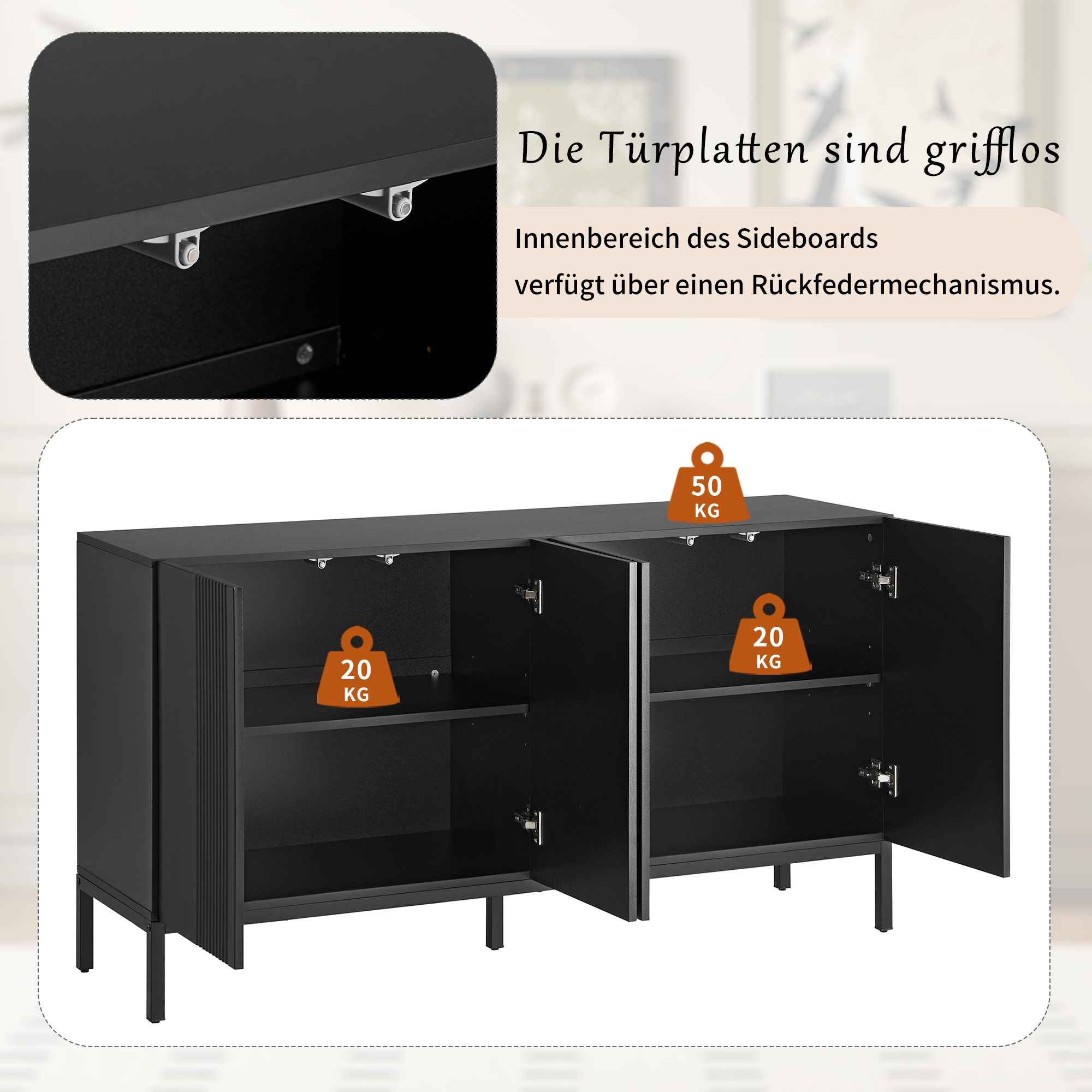 Schwarzer Schrank mit offenen Türen, Regalen und Gewichtsangaben. Text auf Deutsch.