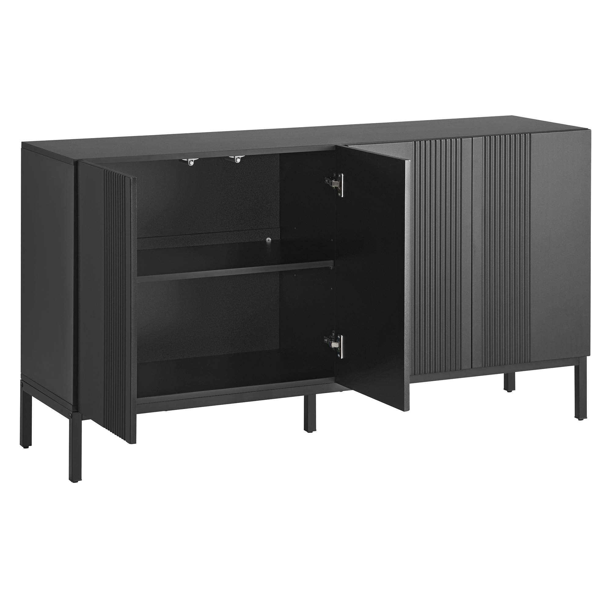 Schwarzer Schrank mit zwei offenen Türen. Die Türen haben vertikale Linien. Der Schrank hat zwei Regale und steht auf schwarzen Beinen.