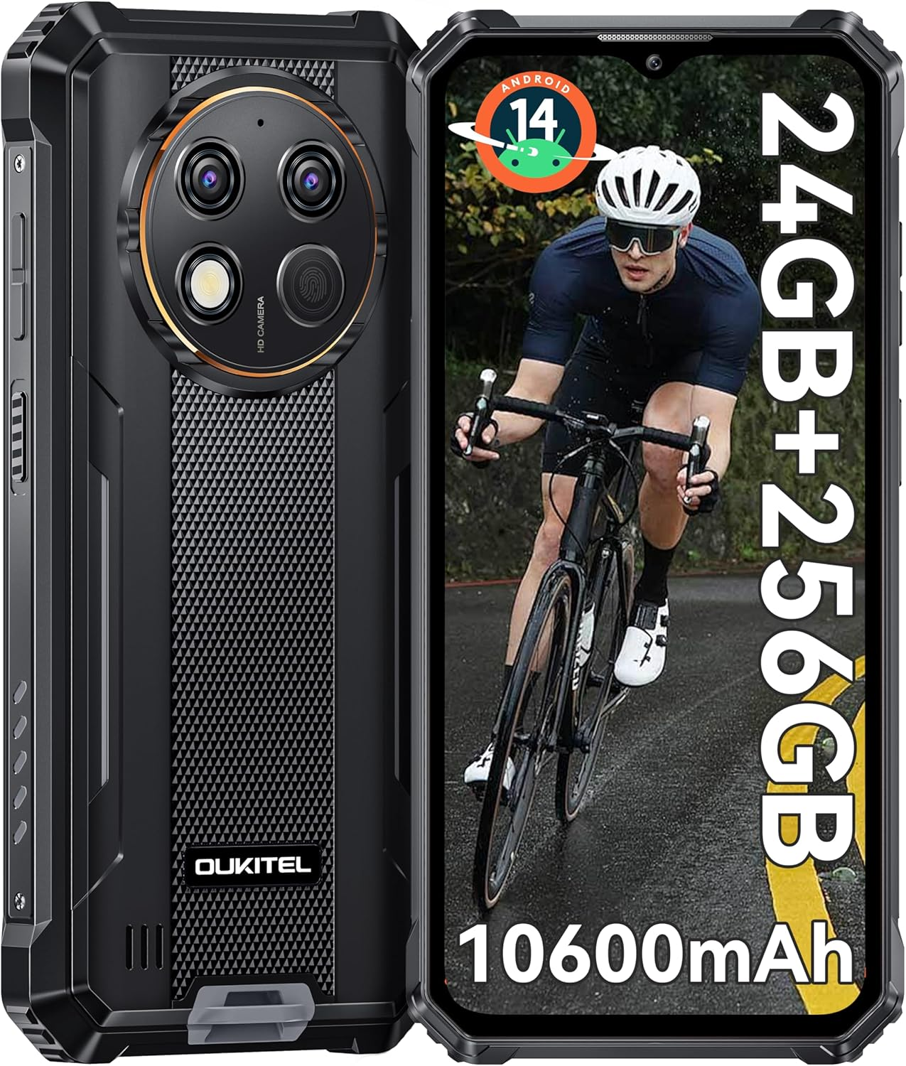 Ein robustes Smartphone. Der Bildschirm zeigt einen Radfahrer, das Telefon hat einen großen Bildschirm und eine Kameraanordnung auf der Rückseite.