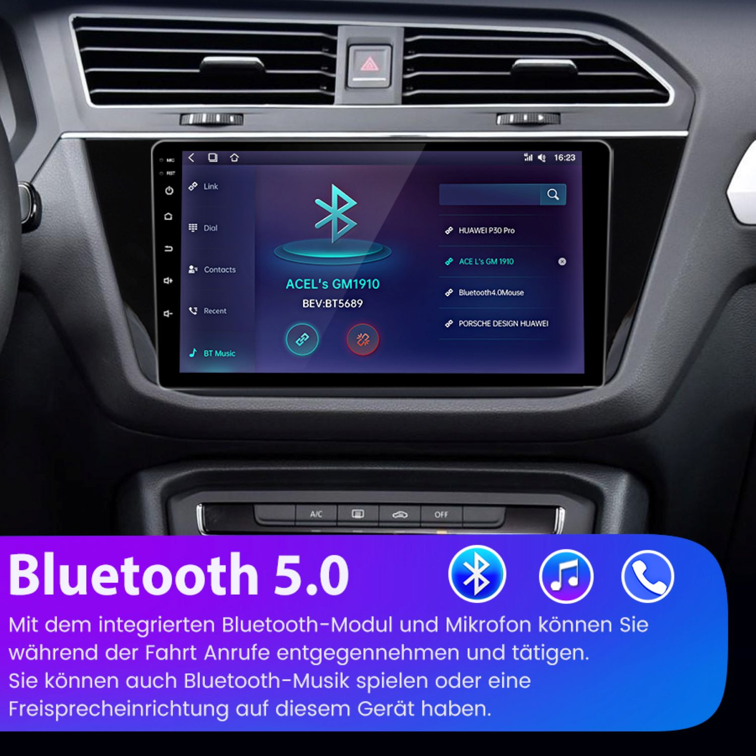 Das Armaturenbrett eines Autos mit einem Bildschirm, der Navigations- und Bluetooth-Optionen und andere Funktionen anzeigt.