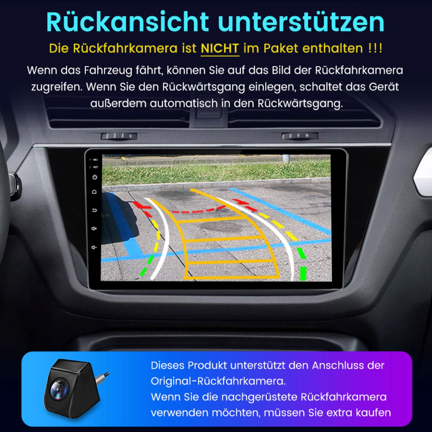 Das Bild zeigt ein Auto-Armaturenbrett mit einem Bildschirm, der eine Rückfahrkameraview mit Richtlinien anzeigt. Text auf Deutsch.