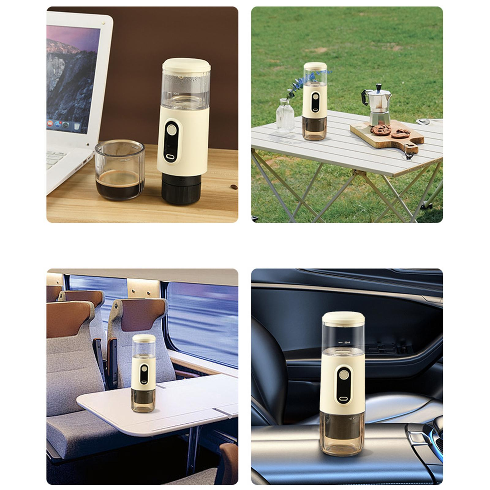 Vier Bilder eines tragbaren Kaffeezubereiters in verschiedenen Umgebungen: neben einem Laptop, auf einem Tisch, in einem Zug und in einem Auto.