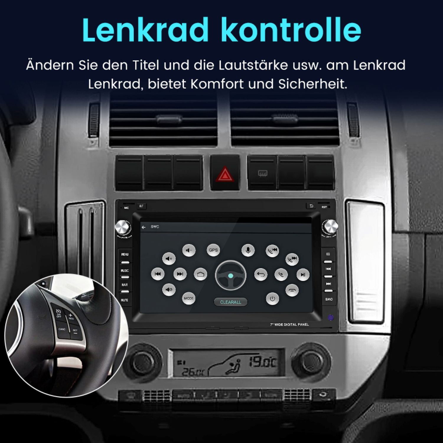 Autoradio-Oberfläche mit Lenkrad und Bildschirm, zeigt Bedienelemente und verschiedene Tasten.