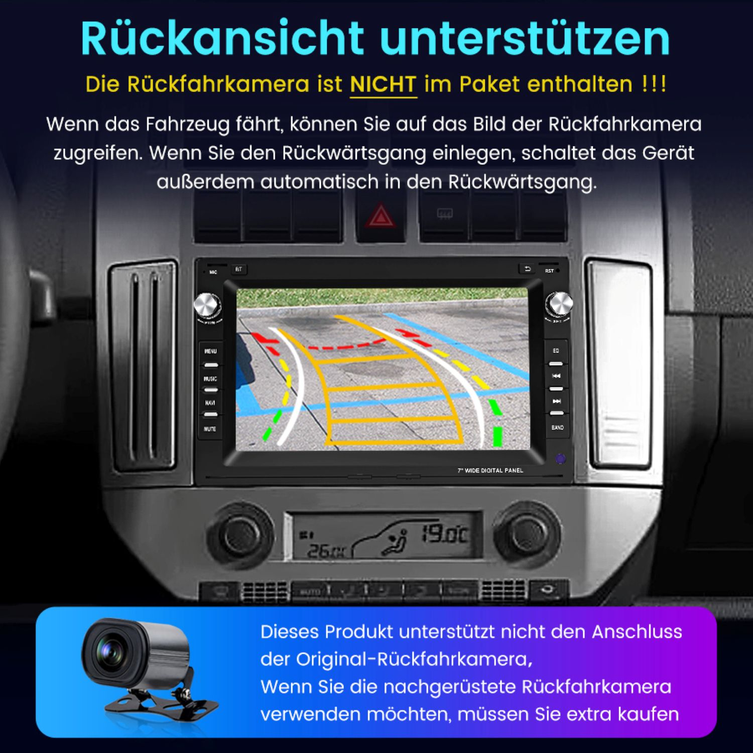 Ein Armaturenbrett mit einem Bildschirm, der eine Rückfahrkameransicht anzeigt. Text weist darauf hin, dass dieses Produkt dies nicht unterstützt.
