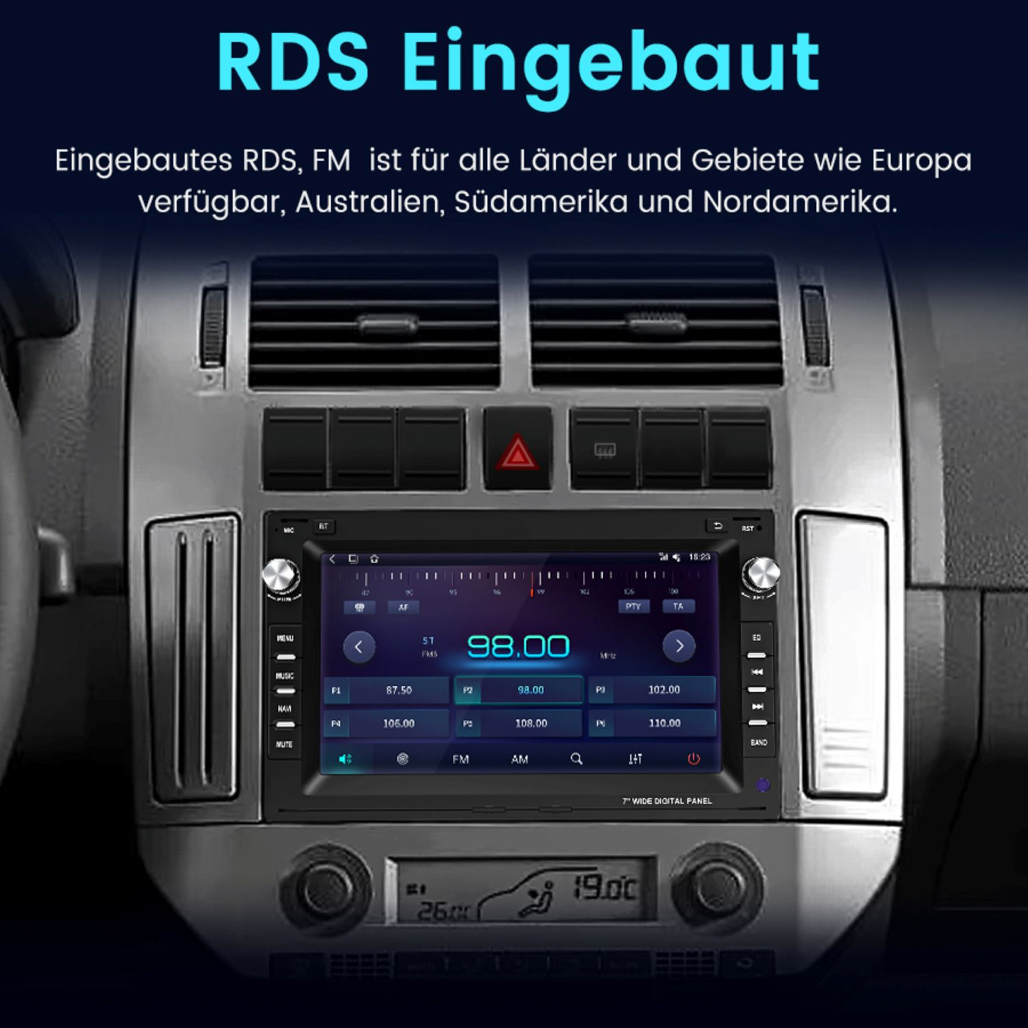 Autoradio-Bildschirm mit Radioinformationen. Zeigt Zahlen und UKW-Frequenzen.