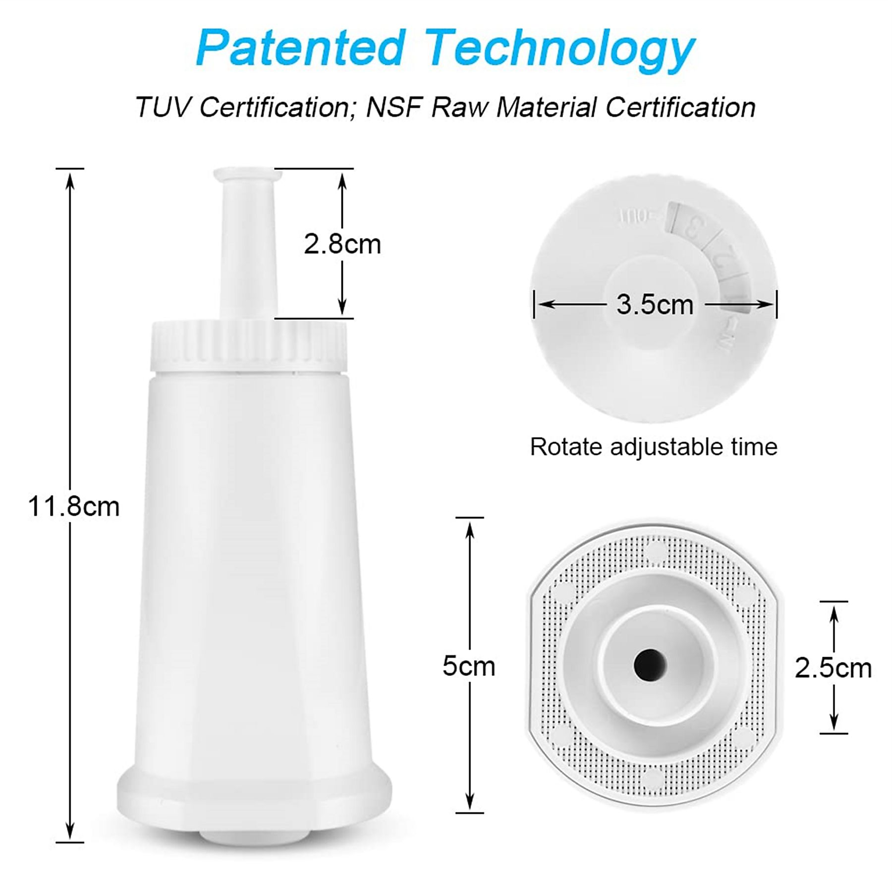 Weißer Wasserfilter mit Maßen. Er hat einen oberen Teil, einen Körper und einen unteren Teil. Der Filter ist für Wasser.