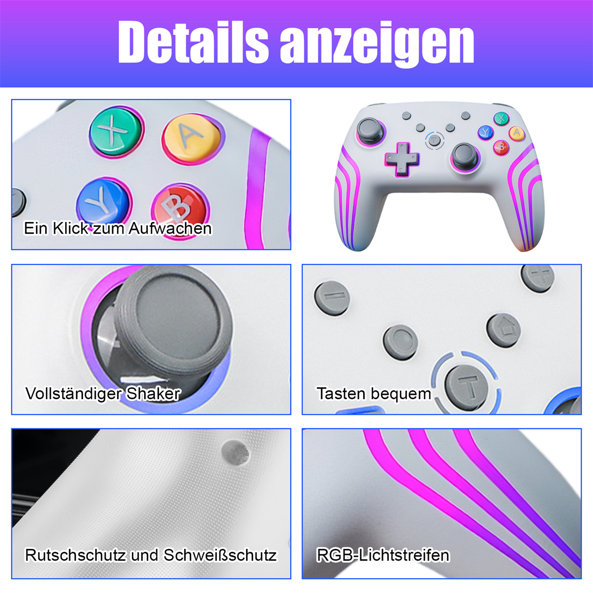 Detaillierte Bilder eines weißen Gamecontrollers. Zeigt Tasten, Joysticks und Oberflächen mit Textbeschriftungen.