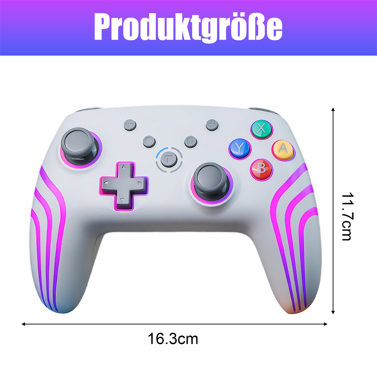 Weißer Gamecontroller mit farbigen Akzenten. Abmessungen: 16,3 cm breit und 11,7 cm hoch.