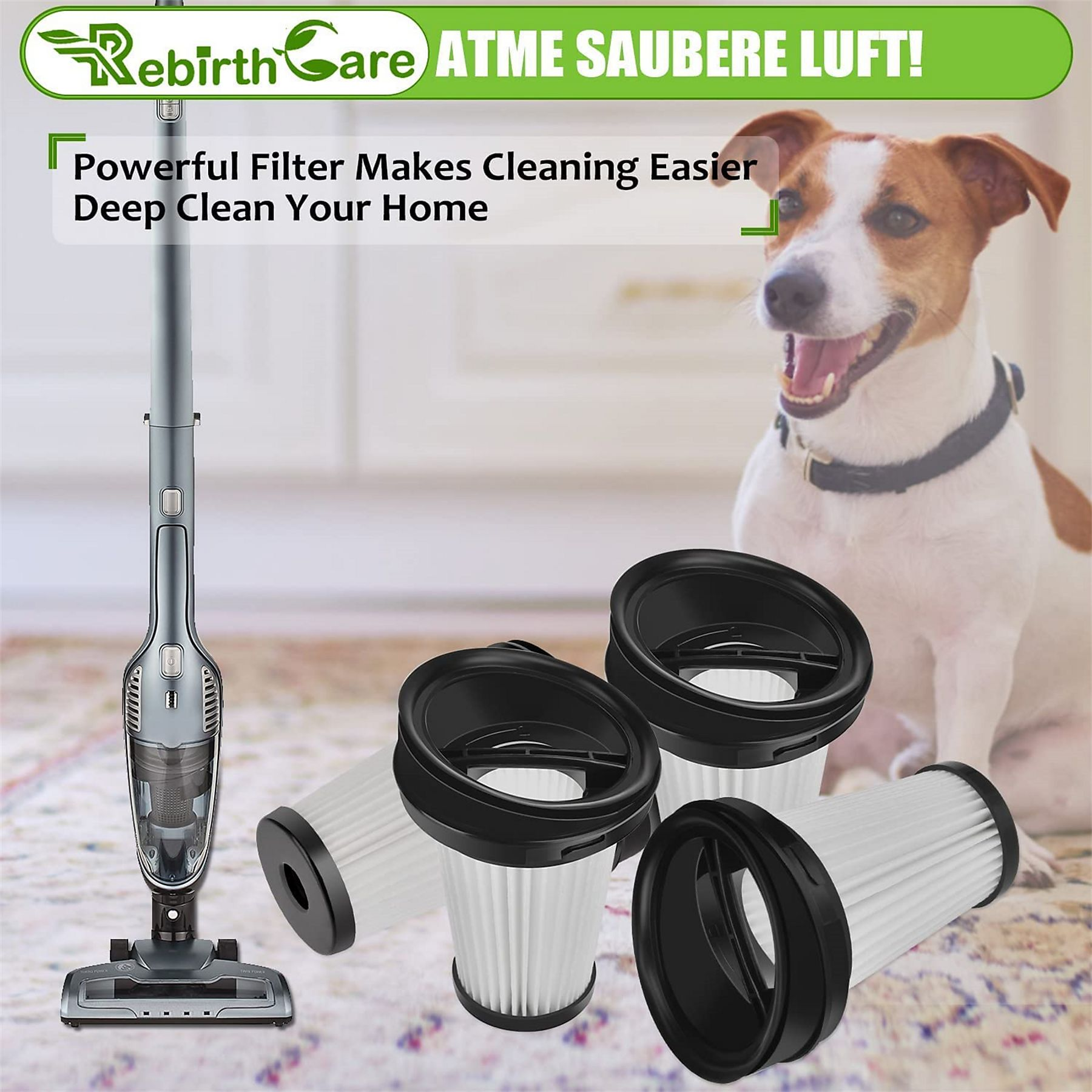 Staubsauger und Filter. Ein Hund ist im Hintergrund. Text besagt, dass der Filter die Reinigung erleichtert.