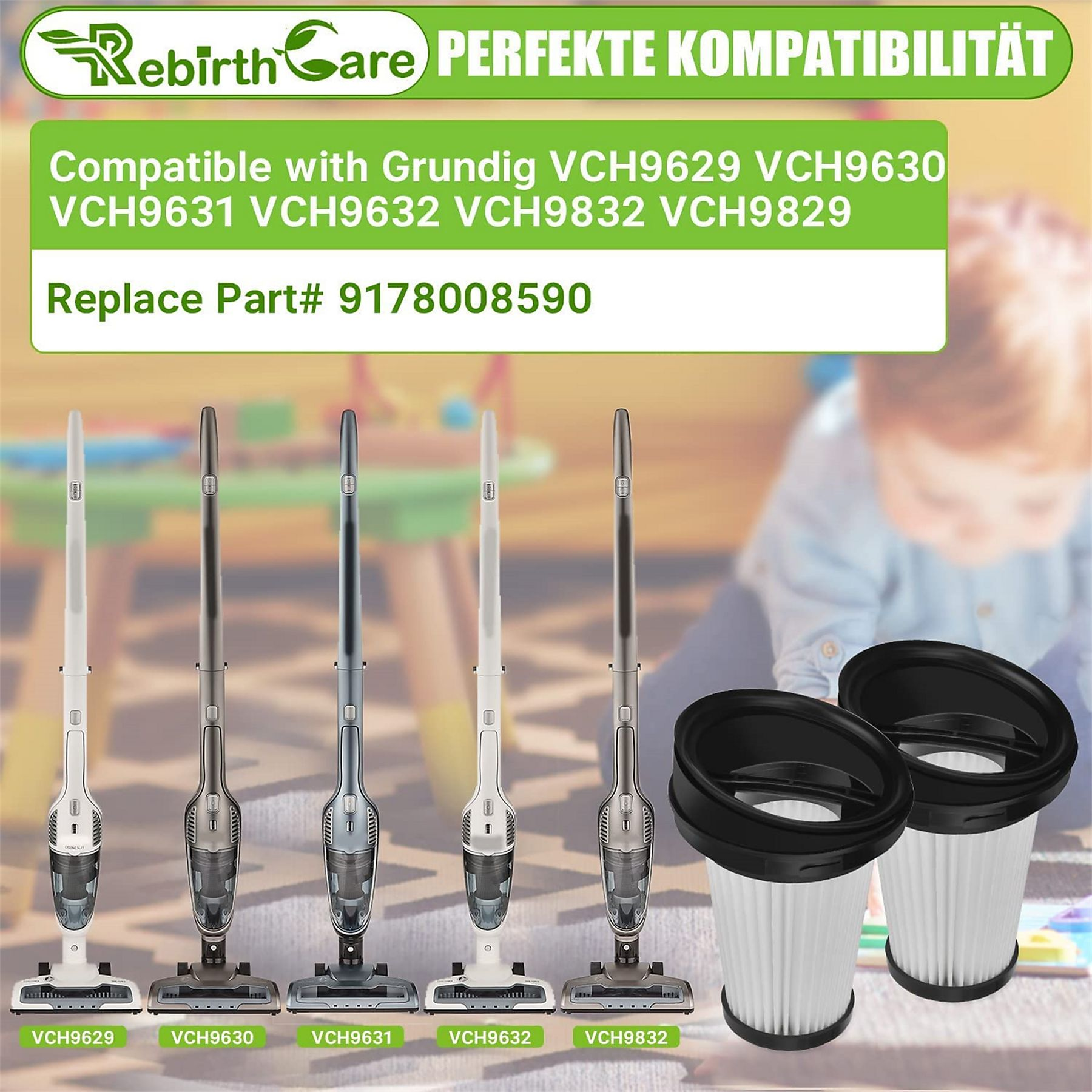 Staubsauger und Filter. Verschiedene Modelle werden mit ihren Namen gezeigt. Text oben.