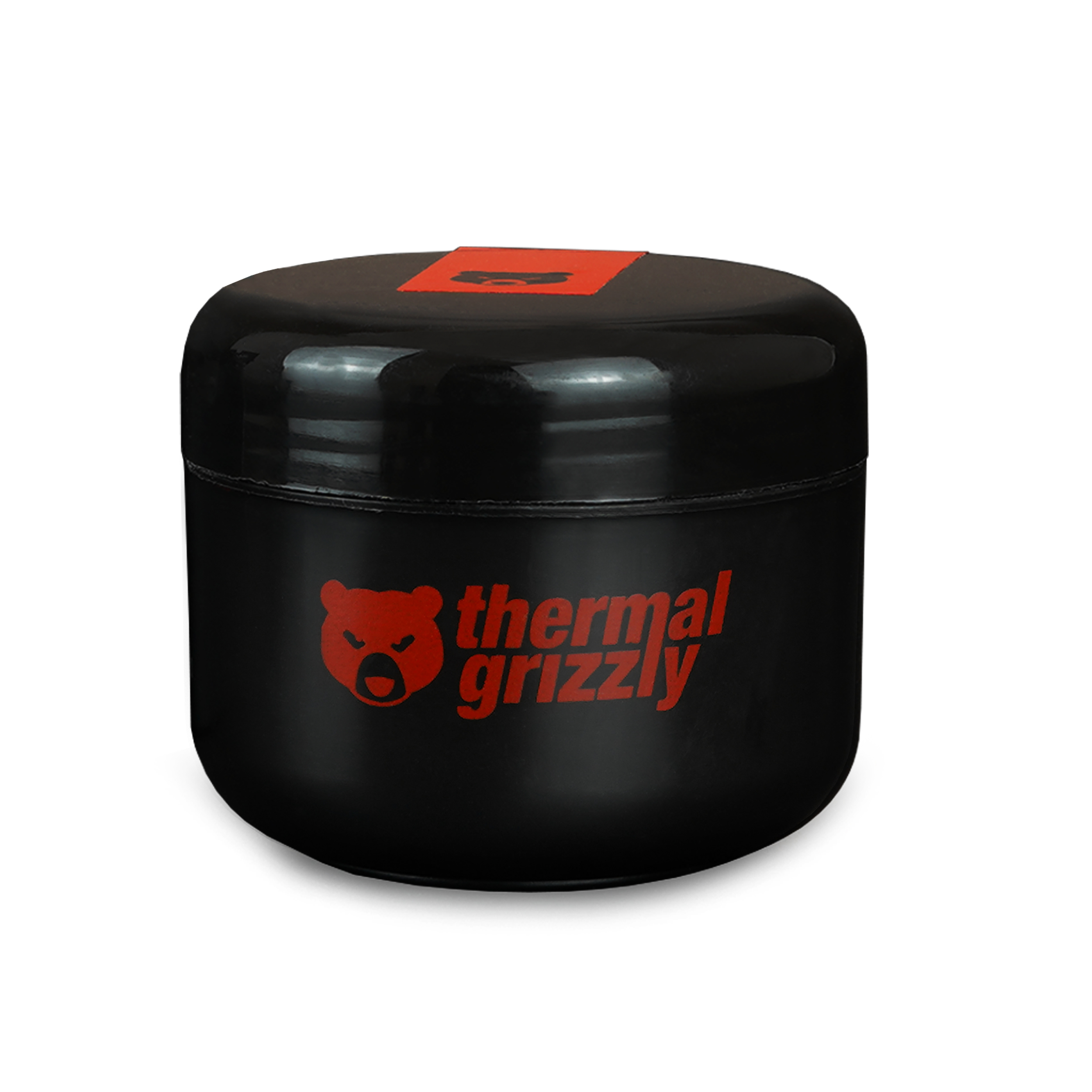 Vasetto di pasta termica nero, con logo Thermal Grizzly rosso su sfondo bianco.