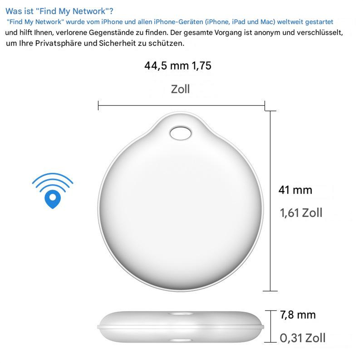 Ein weißer runder Anhänger mit Maßen und Erläuterungstext, mit einem WLAN-Symbol.