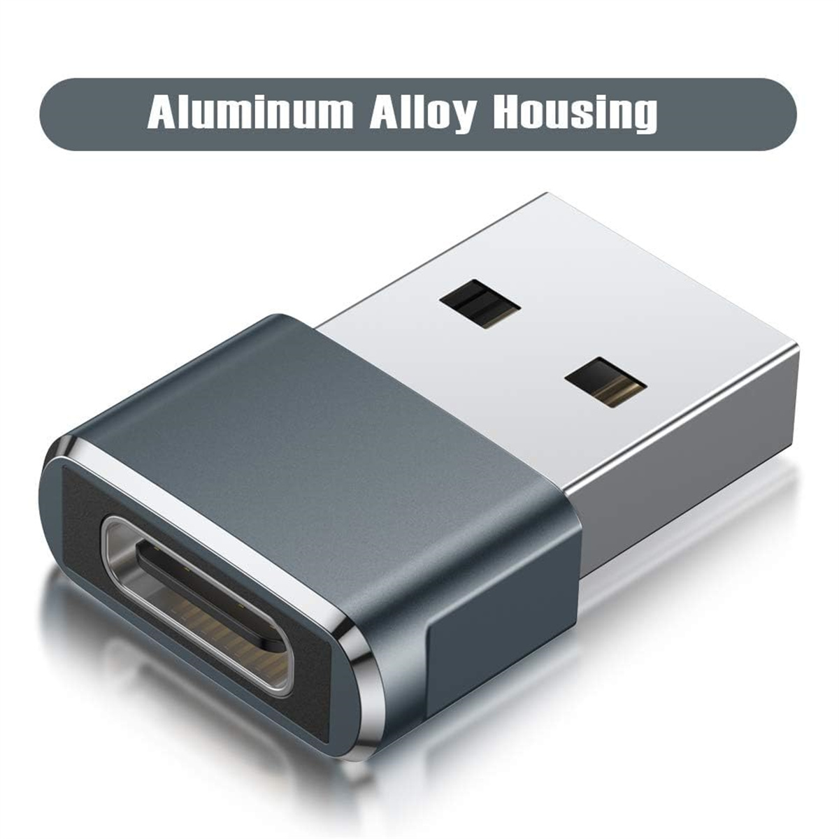 Ein USB-C-auf-USB-Adapter. Es ist dunkelgrau mit einem silbernen USB-Anschluss.
