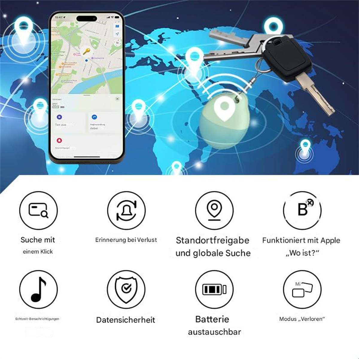 Ein iPhone, das eine Karte mit einem Schlüssel, einem Anhänger und Schlüsseln zeigt. Symbole, die Funktionen darstellen, befinden sich darunter.