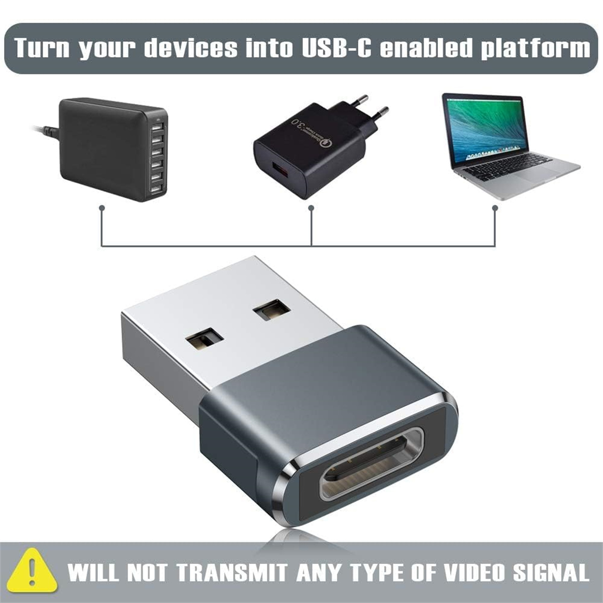 Ein Adapter mit einem USB-C-Anschluss. Bilder eines Netzteils, Ladegeräts und Laptops werden angezeigt.