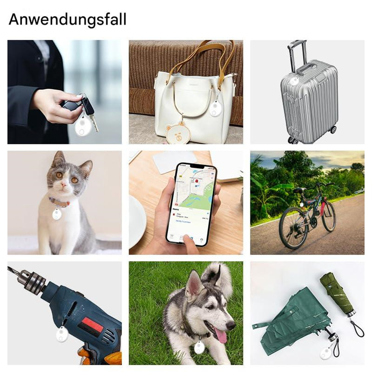 Eine Collage, die verschiedene Verwendungen eines Ortungsgeräts zeigt, das an Gegenständen wie Schlüsseln, einer Tasche und Haustieren befestigt ist.