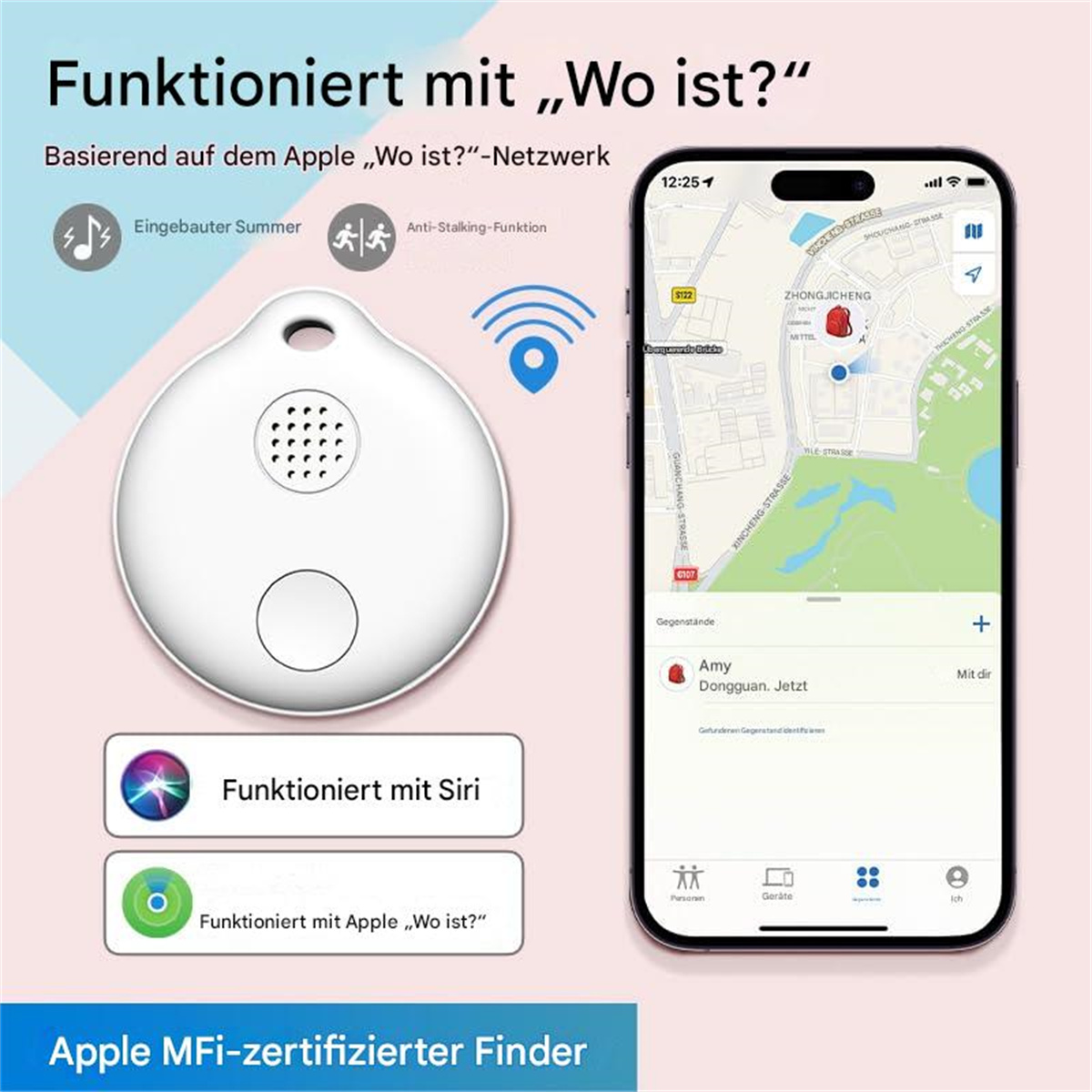 Ein weißes Ortungsgerät und ein Smartphone mit einer Karte. Text auf Deutsch, mit Siri-Logo.