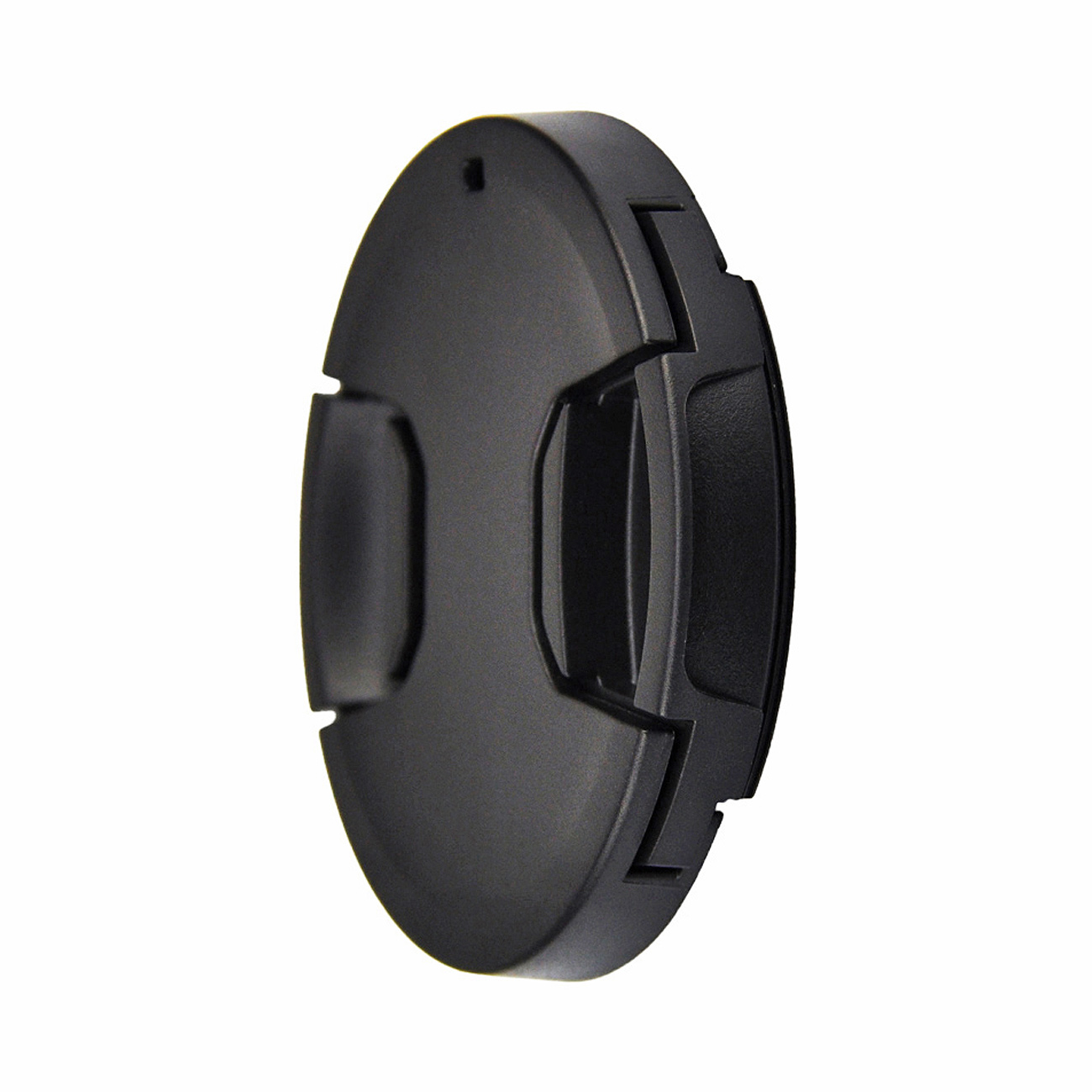 Eine schwarze Objektivkappe mit mattem Finish. Sie ist oval geformt und hat Rillen zum einfachen Entfernen.