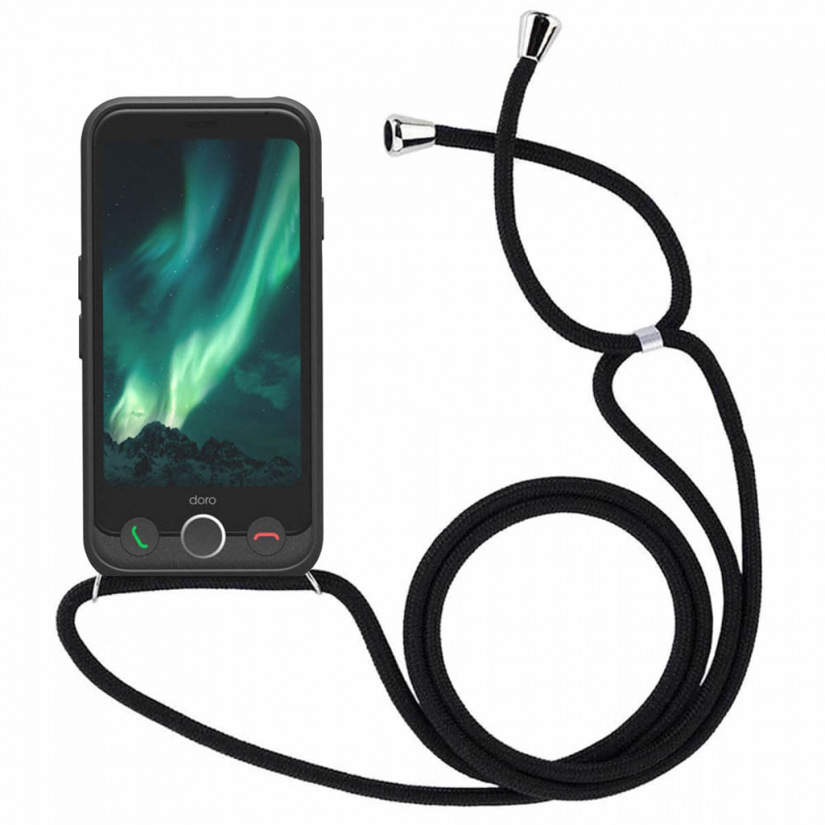 Ein schwarzes Smartphone mit einem Schlüsselband. Das Telefon hat eine grüne und rote Taste auf der Vorderseite.
