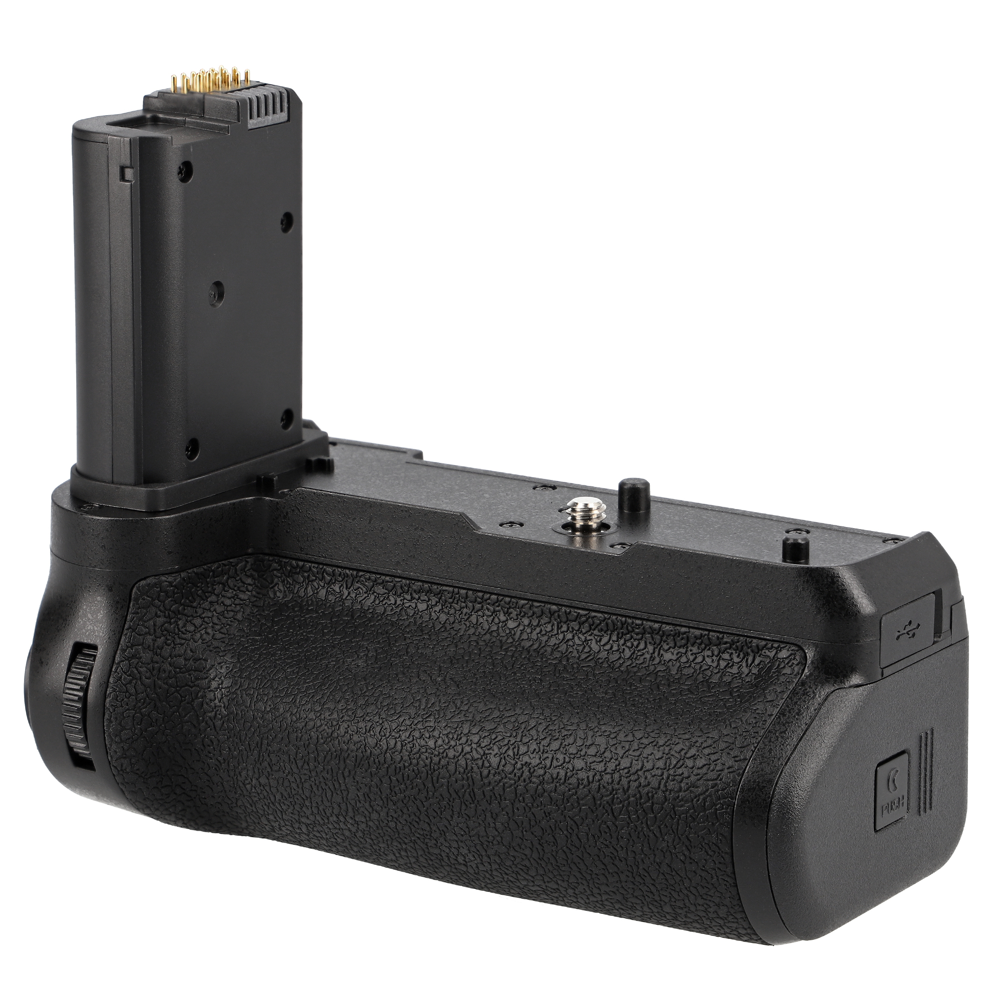 Schwarzer Kameragriff mit strukturierter Oberfläche und Anschluss. Er hat einen Knopf und einen USB-Anschluss.
