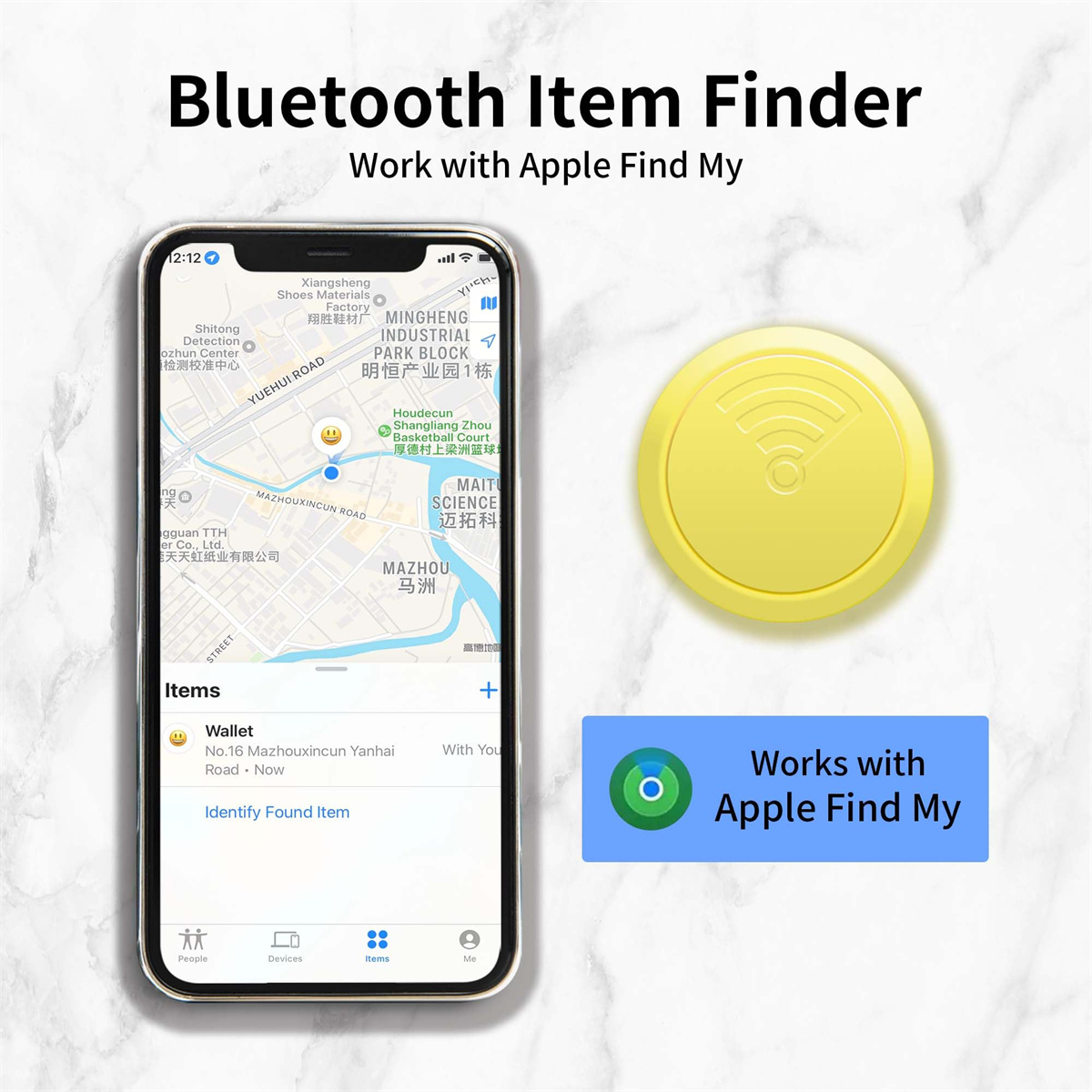 Smartphone mit Karte und Artikel-Finder. Gelber Artikel-Finder und Text.