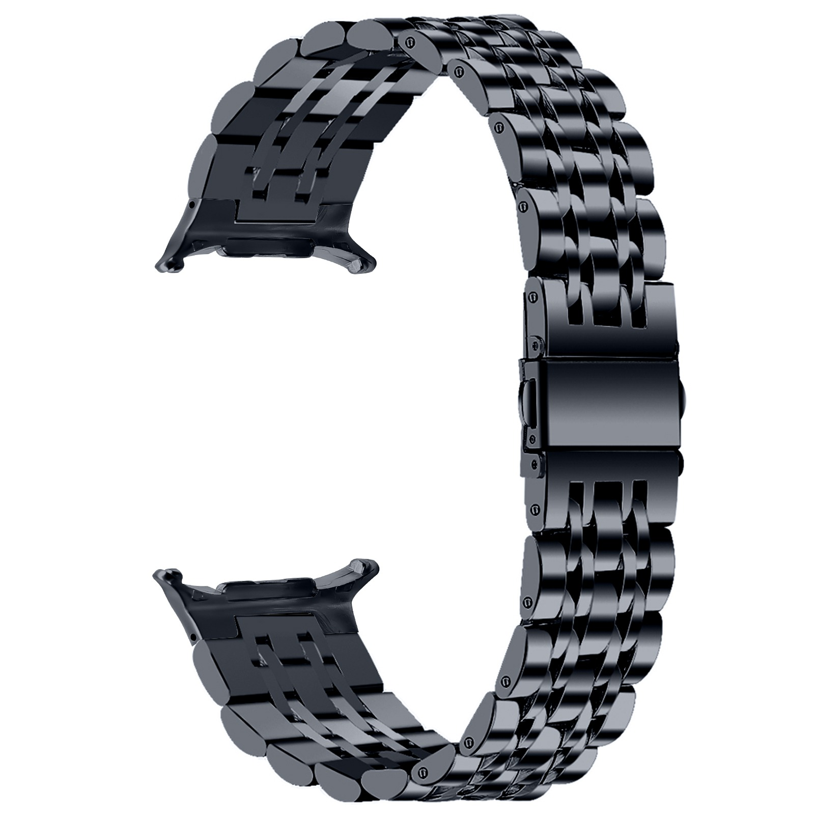 Cinturino per orologio in metallo nero su sfondo bianco.