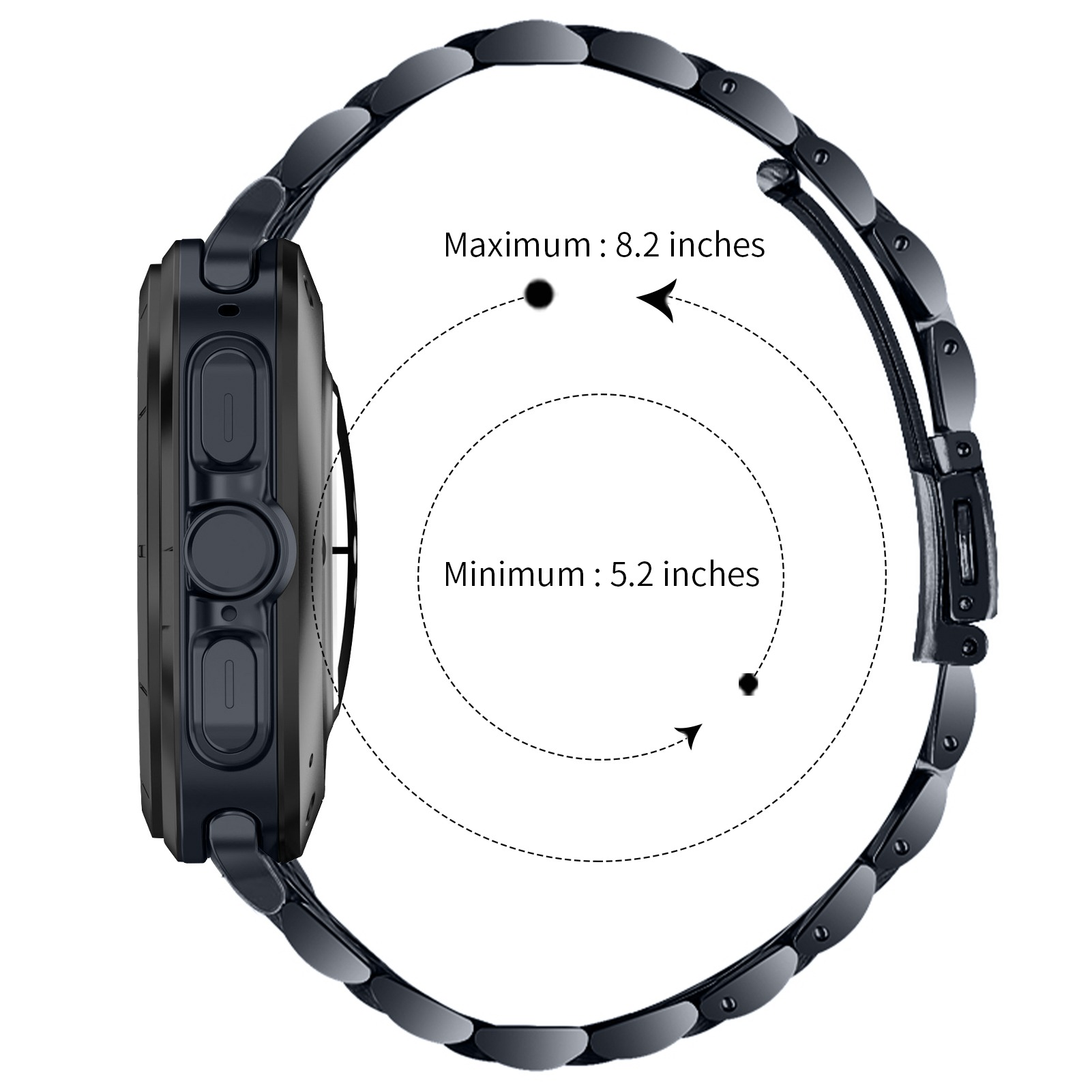 Orologio nero con cinturino in metallo scuro, mostra le misure minime e massime con frecce.