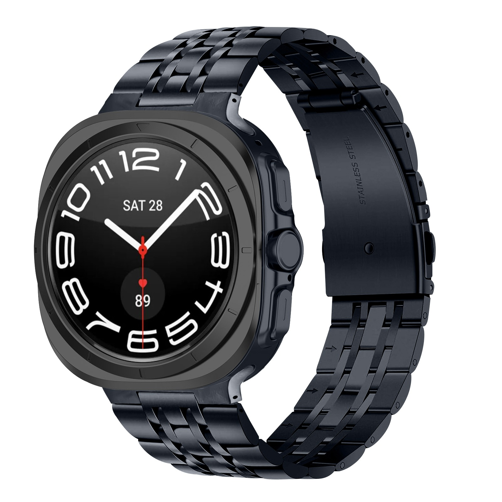 Smartwatch nero con cinturino in metallo nero, che mostra la data e l'ora.