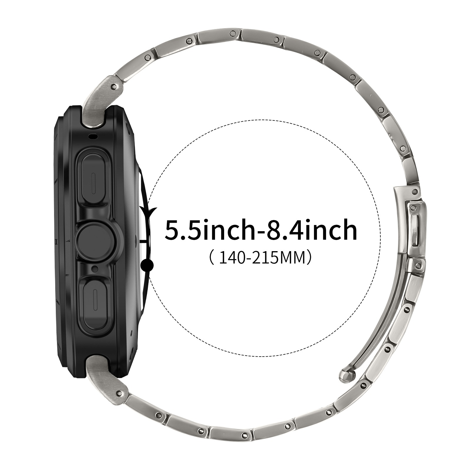 Schwarze Smartwatch mit Metallarmband. Zeigt die Größe des Bandes 5,5-8,4 Zoll (140-215 mm).