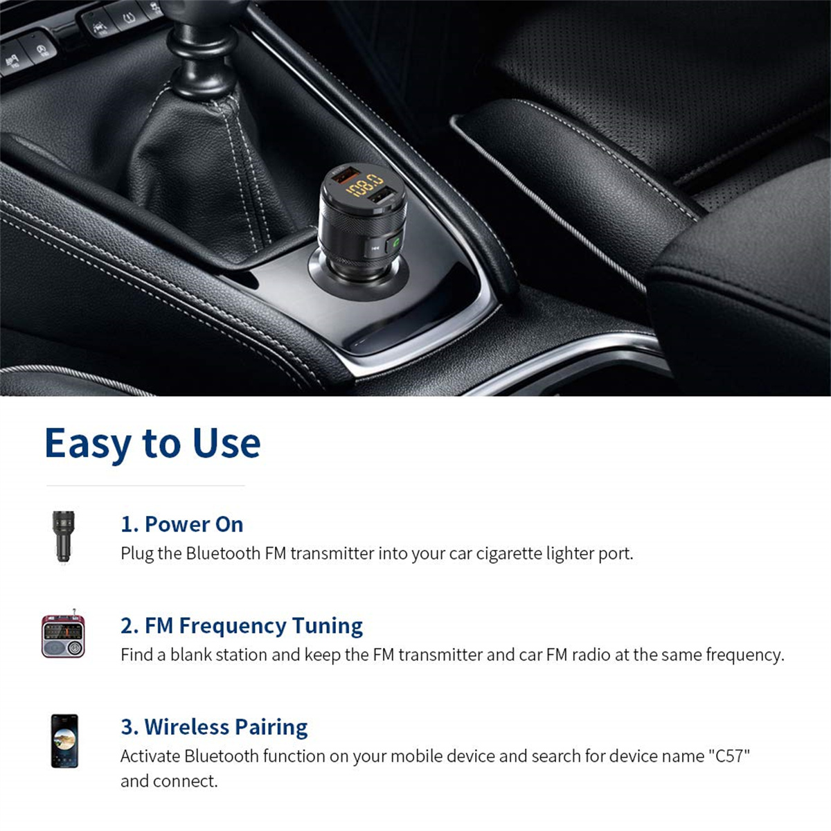 Diagramm zur Verwendung eines FM-Transmitters im Auto, mit Schritten und Illustrationen.