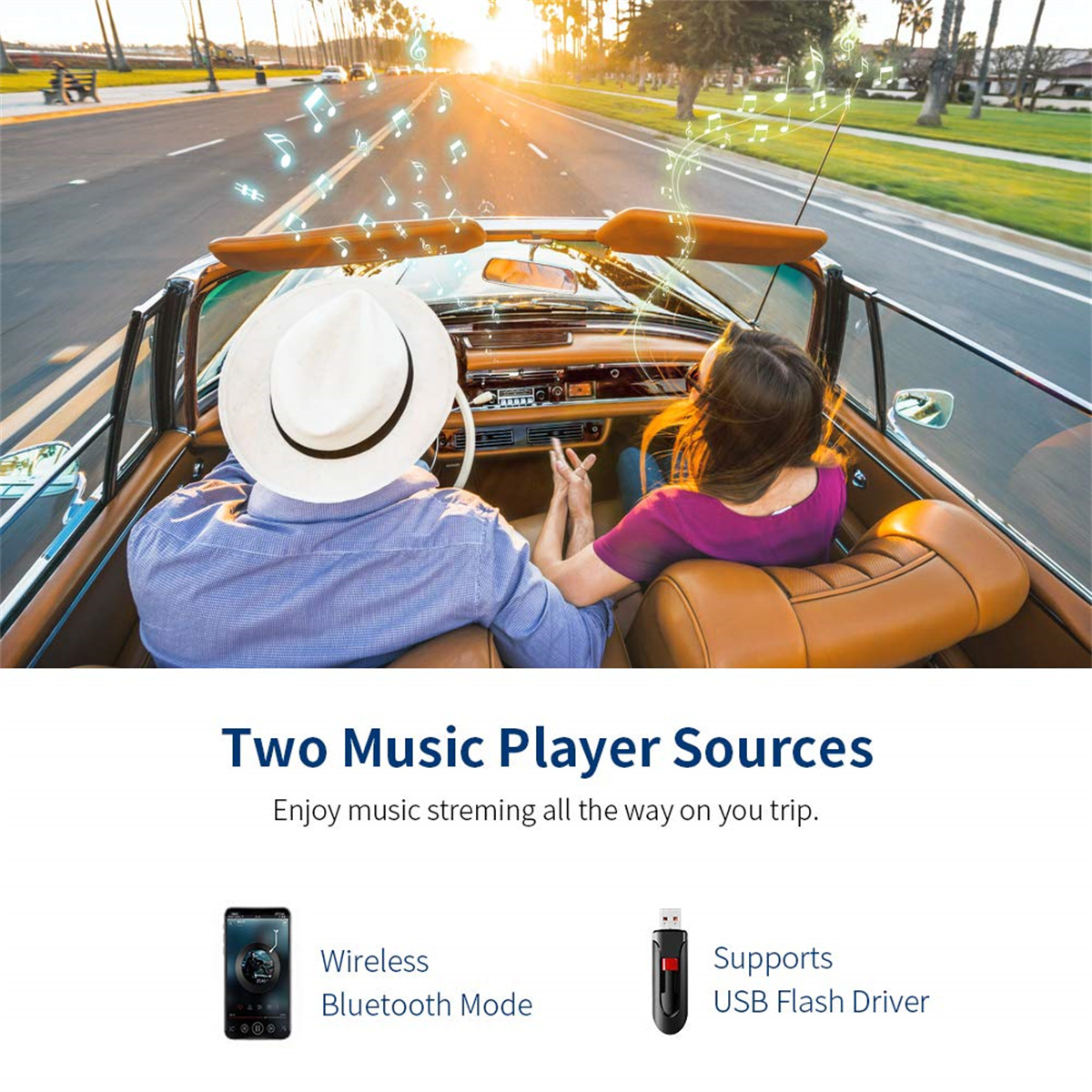 Ein Paar in einem Cabrio, mit überlagerten Noten und Symbolen für Musikquellen.