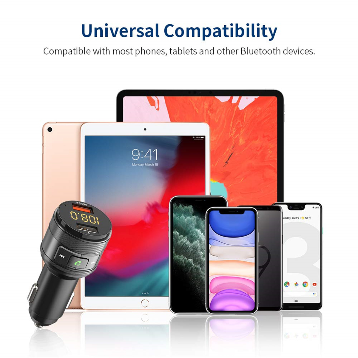 Mehrere Geräte mit einem FM-Transmitter, die universelle Kompatibilität zeigen, einschließlich Telefone und Tablets.