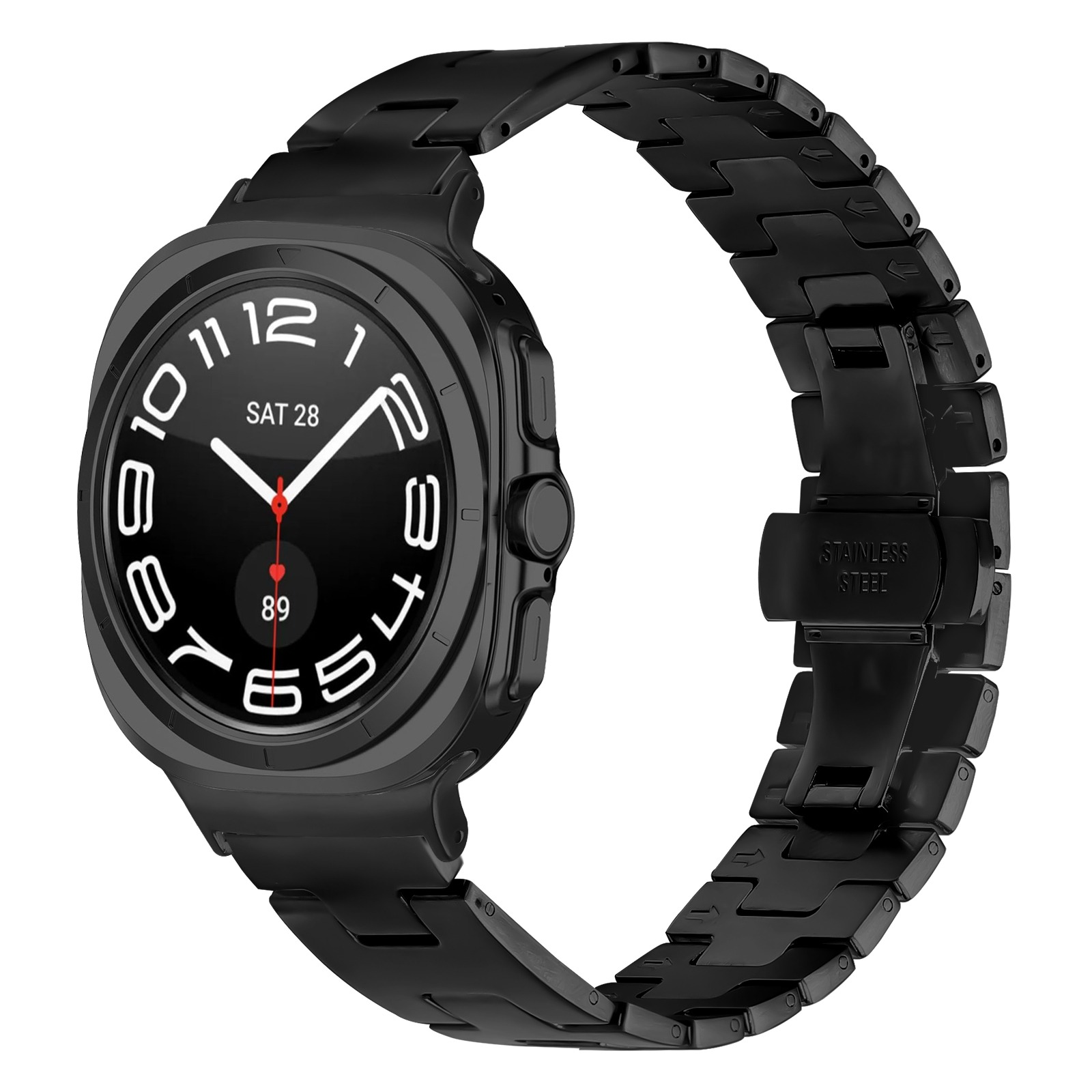 Schwarze Smartwatch mit schwarzem Armband. Das Zifferblatt zeigt Uhrzeit und Datum. Das Armband ist aus Edelstahl.