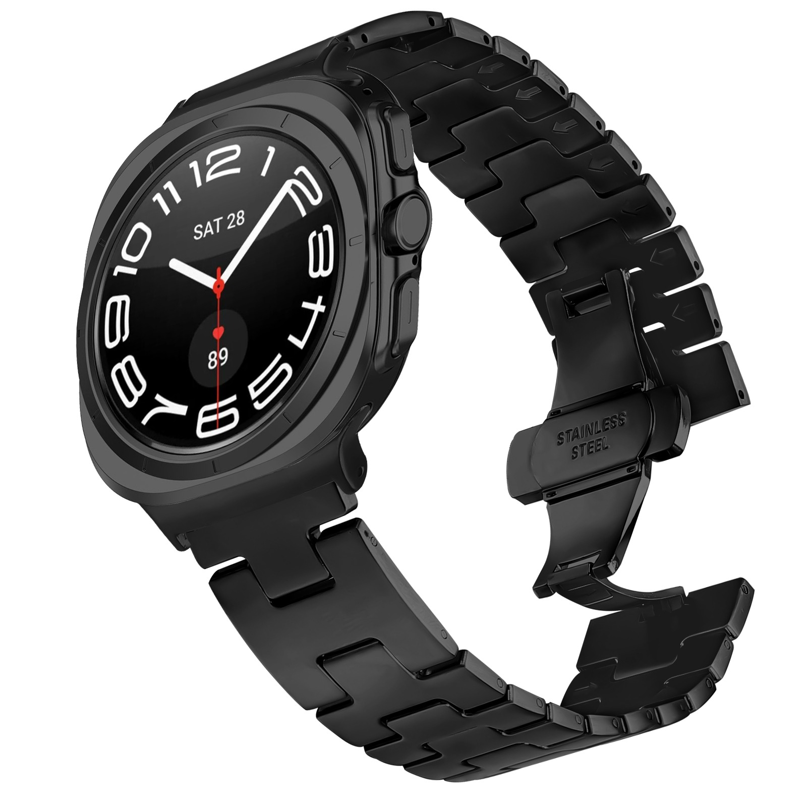 Schwarze Smartwatch mit schwarzem Metallarmband. Die Uhr hat ein rundes Zifferblatt mit Digitalanzeige.
