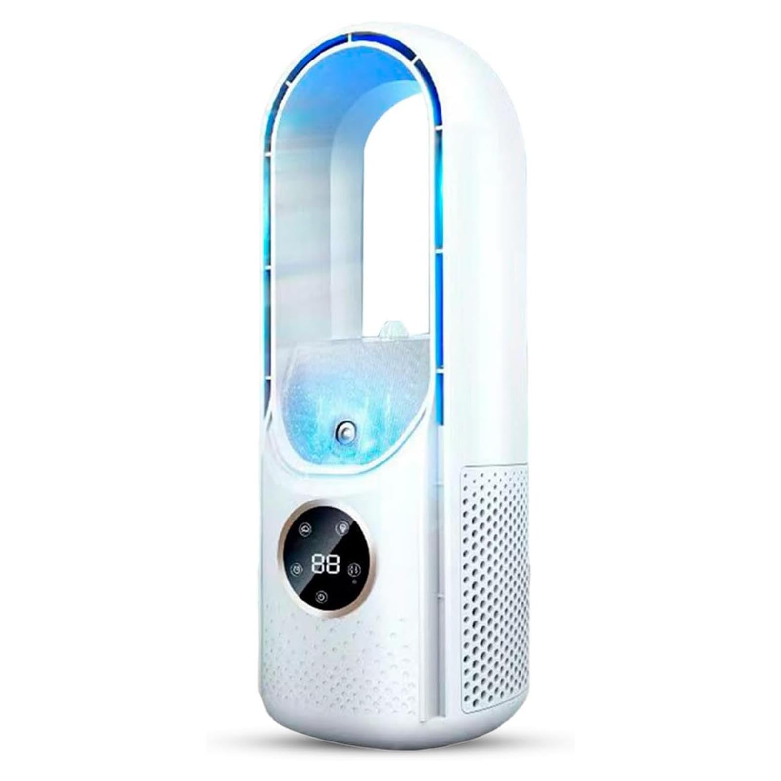 Weißer und blauer blattloser Ventilator mit Digitalanzeige, auf weißem Hintergrund gezeigt.