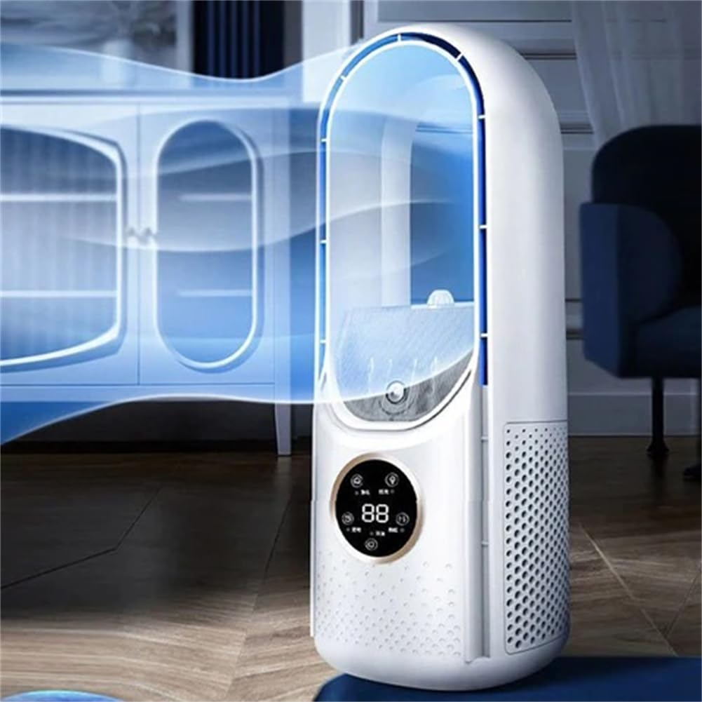 Ein Luftreiniger mit digitaler Anzeige und blauem Licht. Der Reiniger befindet sich in einem Wohnzimmer.