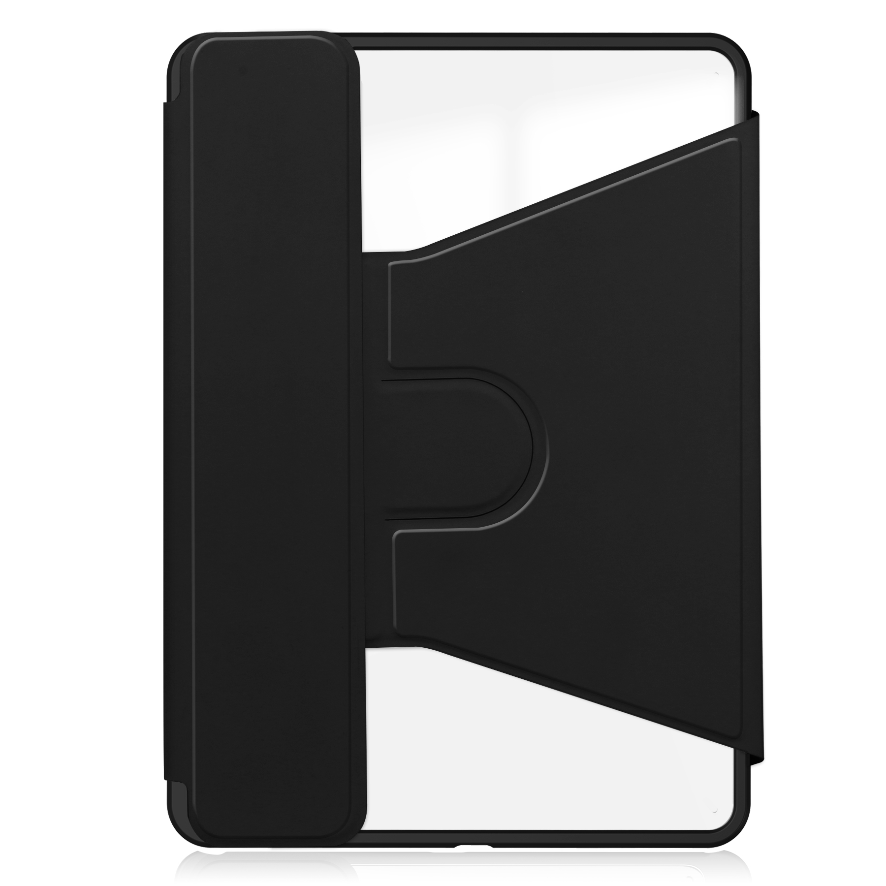 Schwarze Tablethülle mit Kartenhalter. Die Hülle hat ein einzigartiges Design, das die Rückseite des Tablets zeigt.