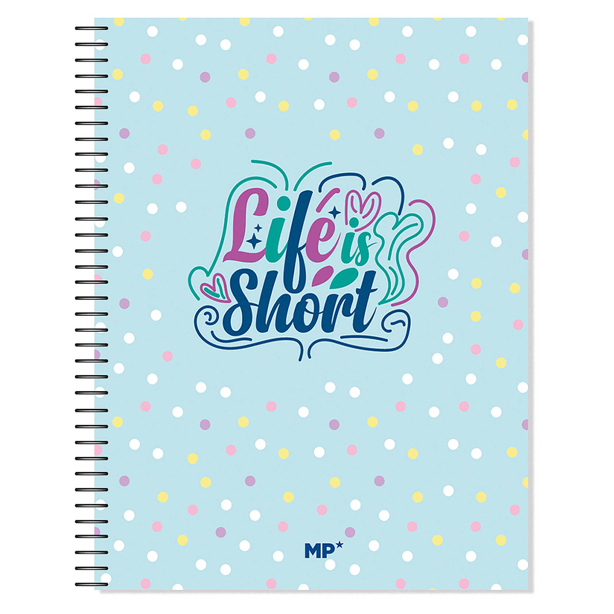 Ein spiralgebundenes Notizbuch mit hellblauem Umschlag mit weißen Punkten und dem Schriftzug 'Life is Short'.