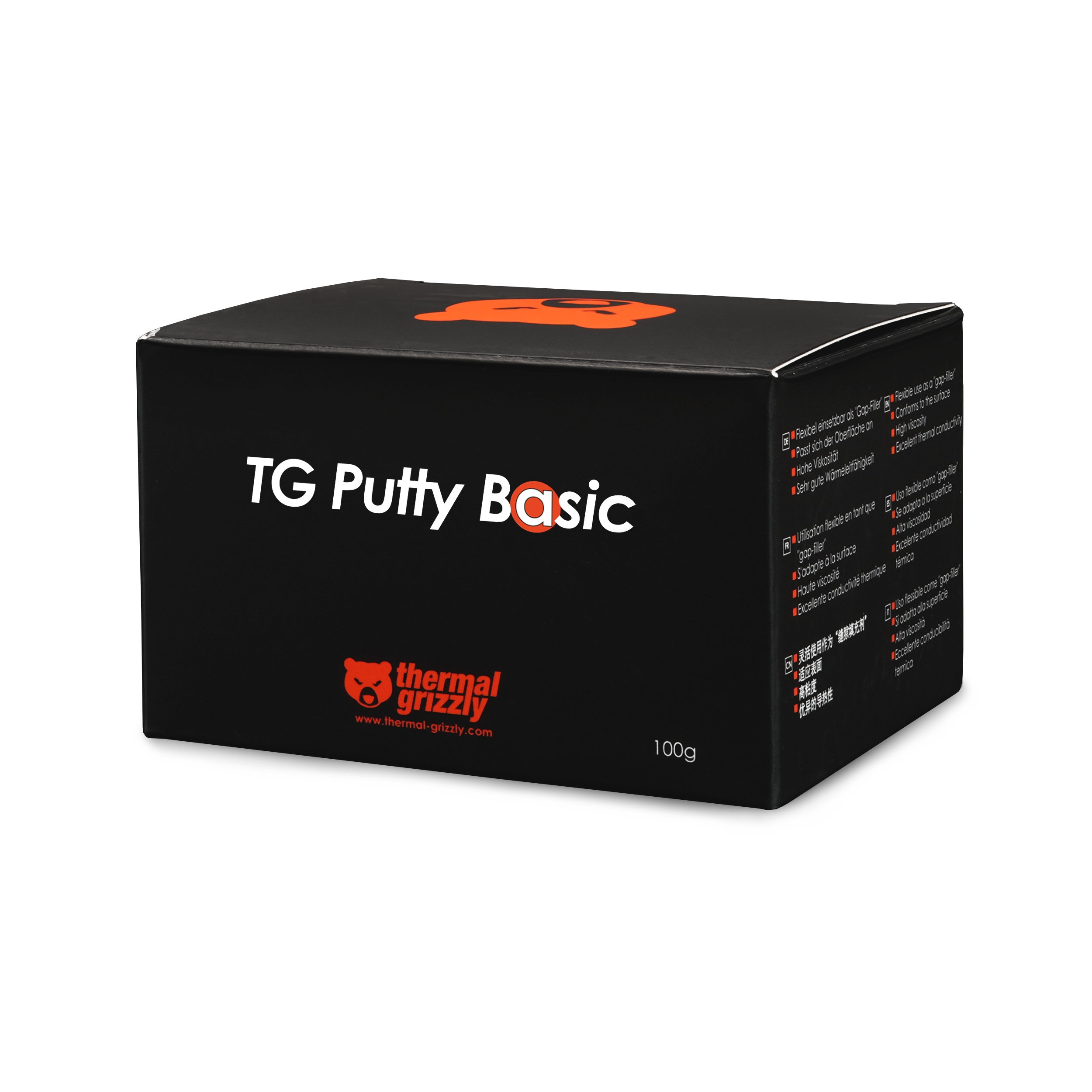 Scatola nera con testo 'TG Putty Basic' e logo Thermal Grizzly.