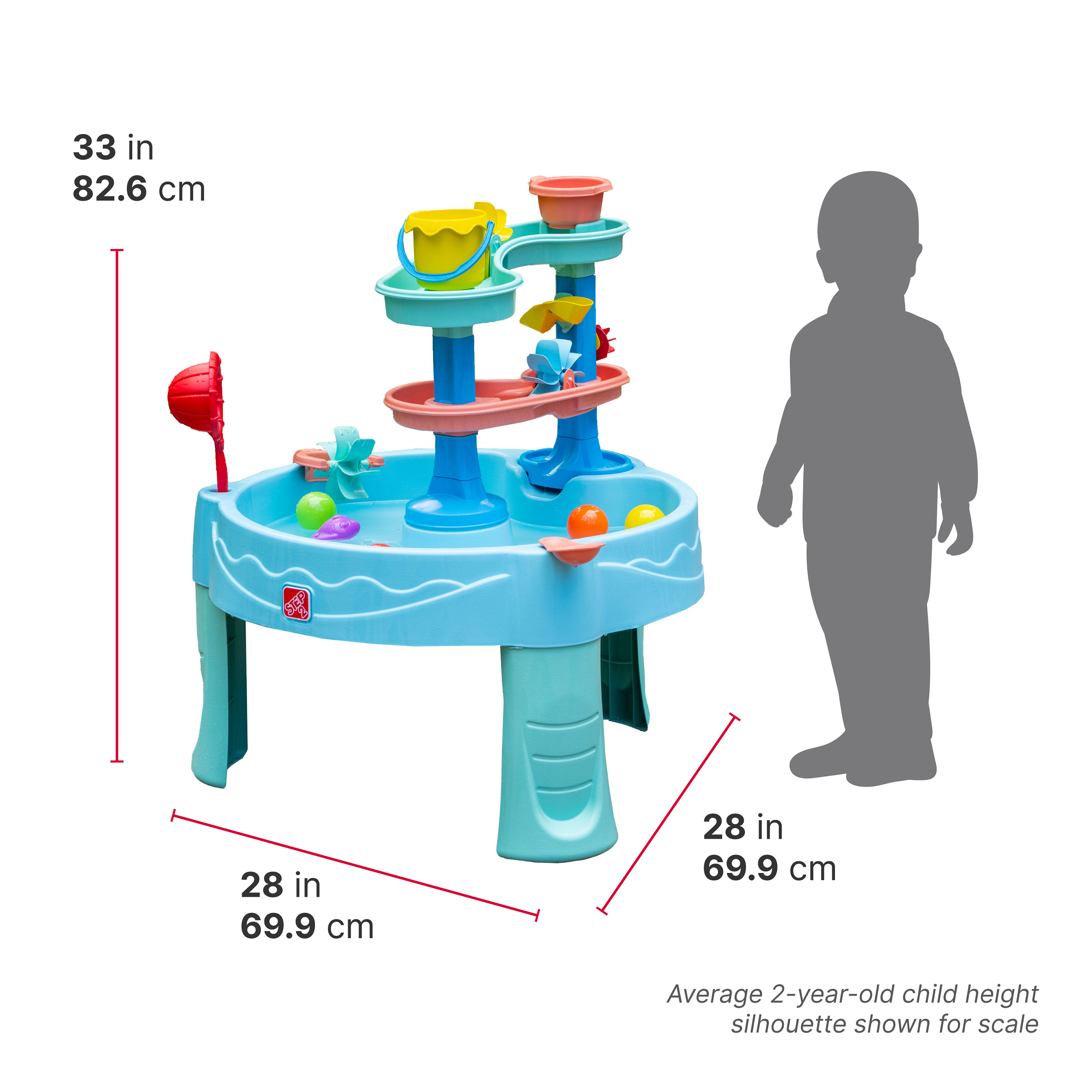 Wassertisch mit Kindersilhouette für den Maßstab, Abmessungen werden gezeigt.