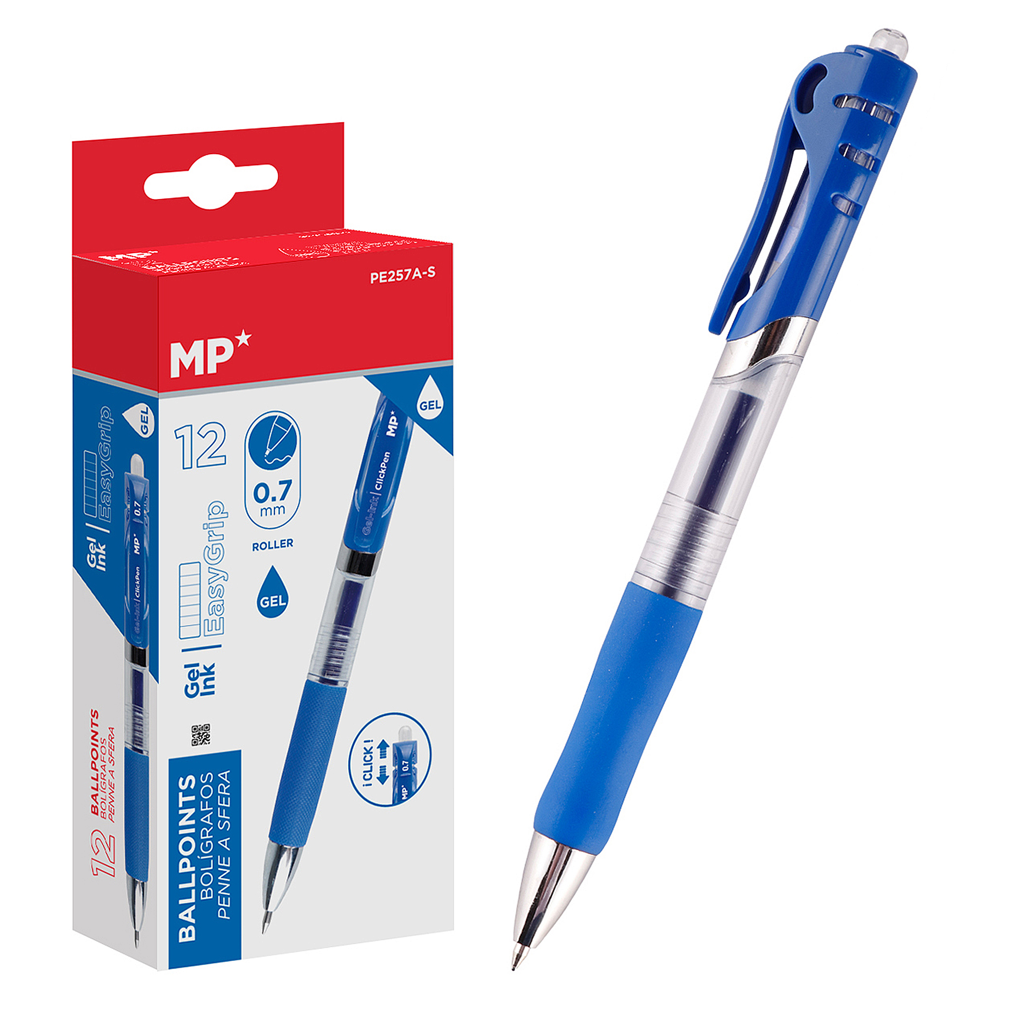 Penna gel blu e bianca con scatola. La penna ha impugnatura e clip blu, la scatola è blu e bianca.