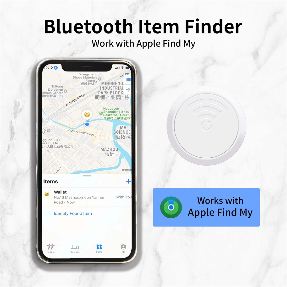 Telefon mit Karte, Tracker und Bluetooth-Sucher.