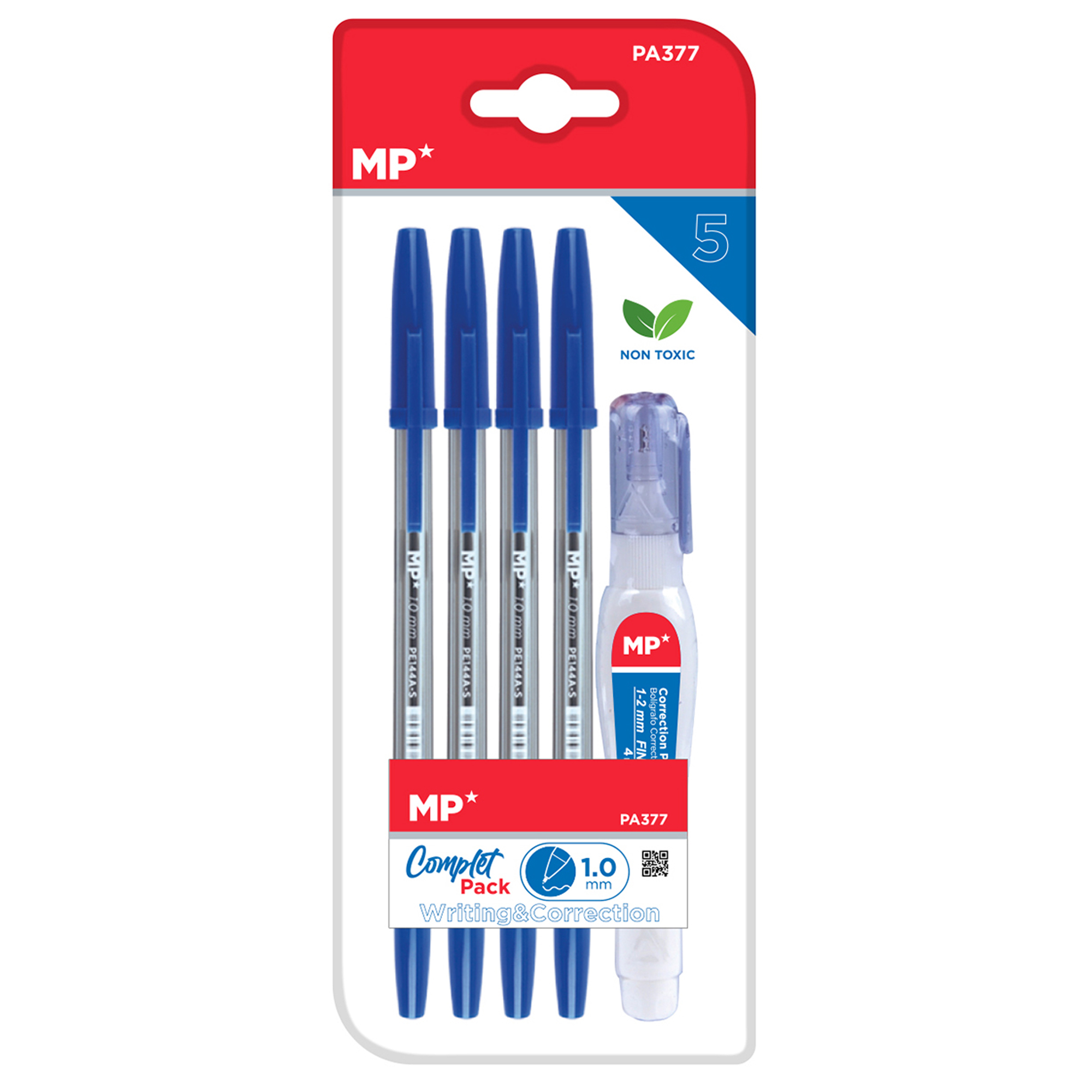 Eine Packung blauer Stifte und ein Korrekturstift, mit der Marke MP* und einem ungiftigen Etikett.
