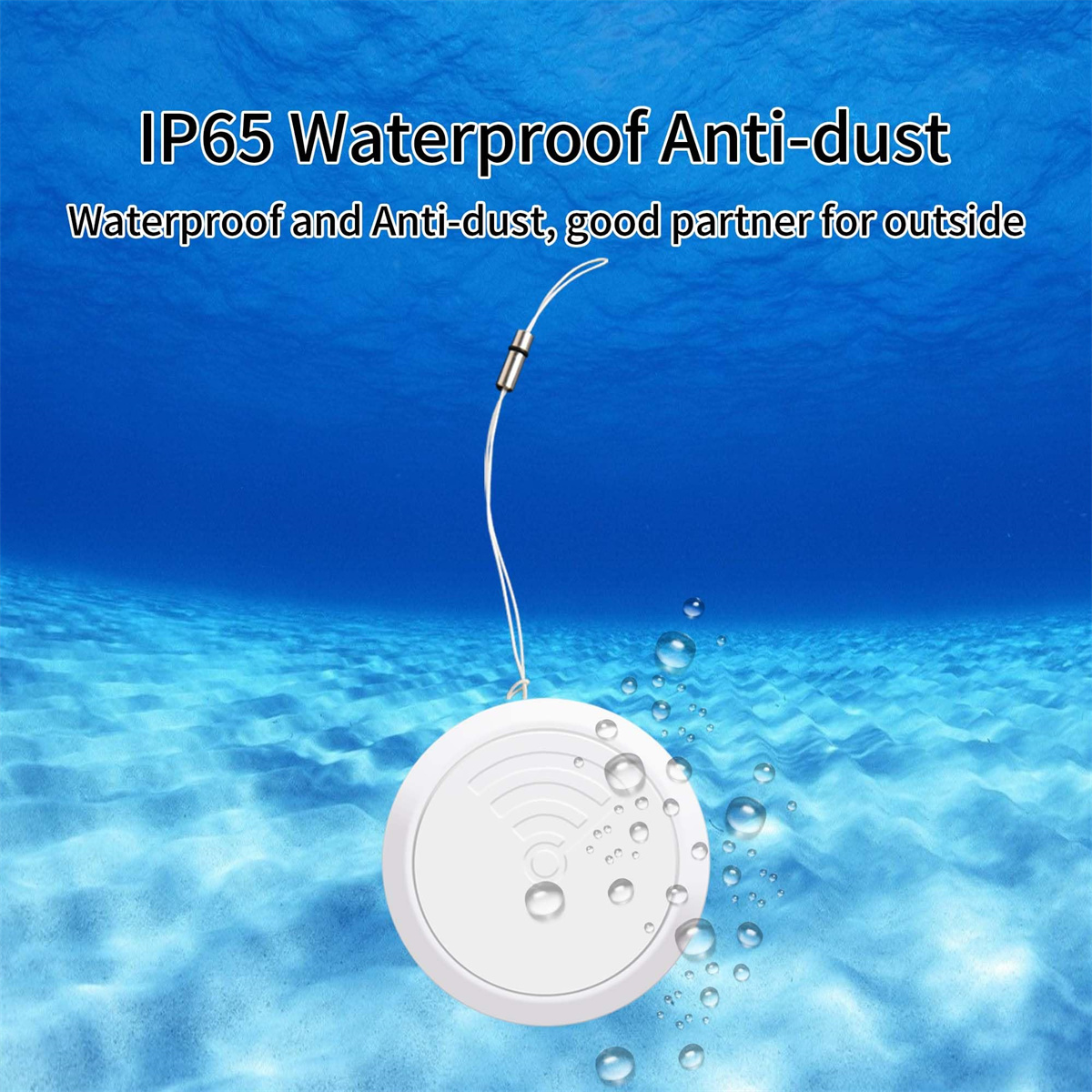 Weißer Tracker unter Wasser mit Blasen, betont seine Wasserdichtigkeit.