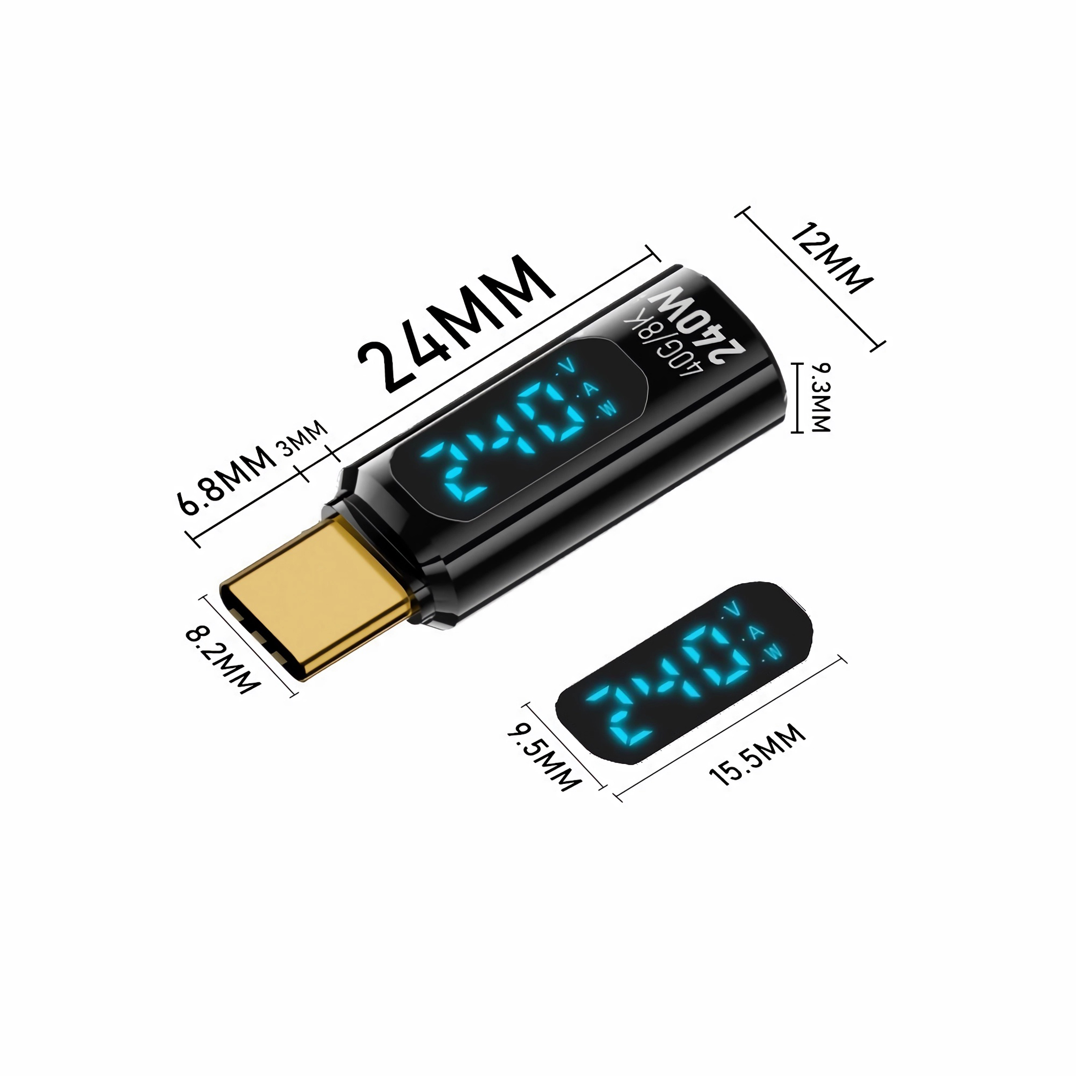 Ein schwarzer USB-C-Adapter mit Abmessungen, der 240W anzeigt, mit goldenem Stecker.